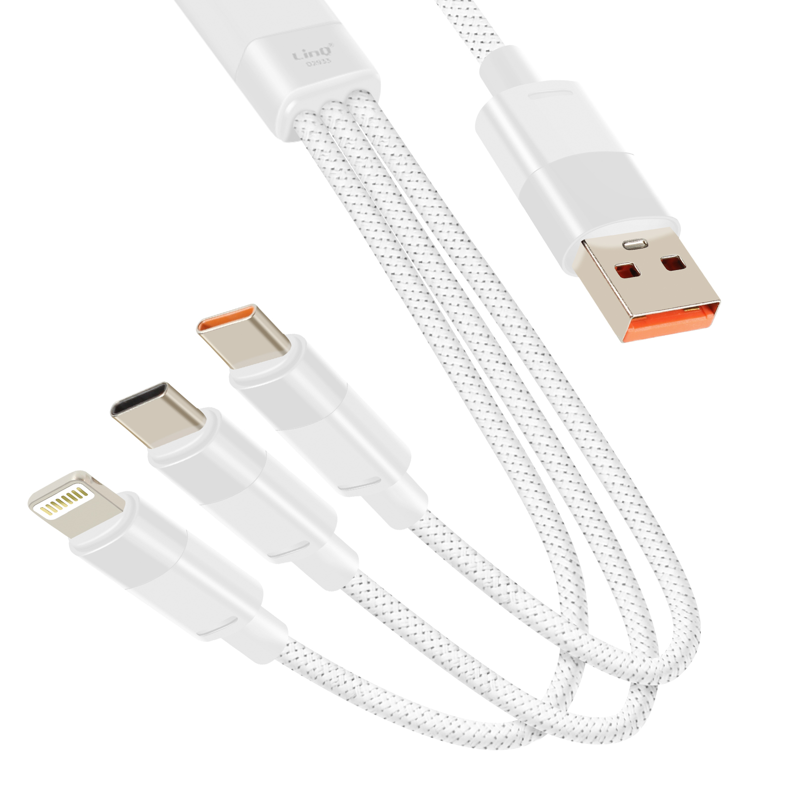 Weißes Multi-Ladekabel mit Lightning-, USB-C- und USB-Anschlüssen. Geflochtenes Kabel. USB-Kopf mit orangefarbenen Akzenten.
