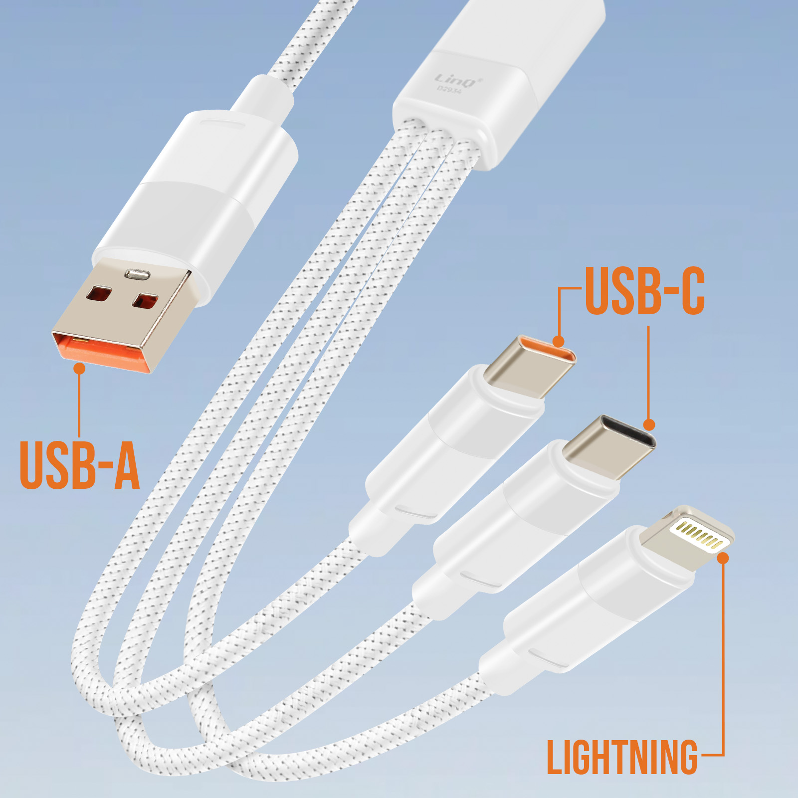 Weiße Ladekabel mit USB-A-, USB-C- und Lightning-Anschlüssen. Sie befinden sich auf blauem Hintergrund.