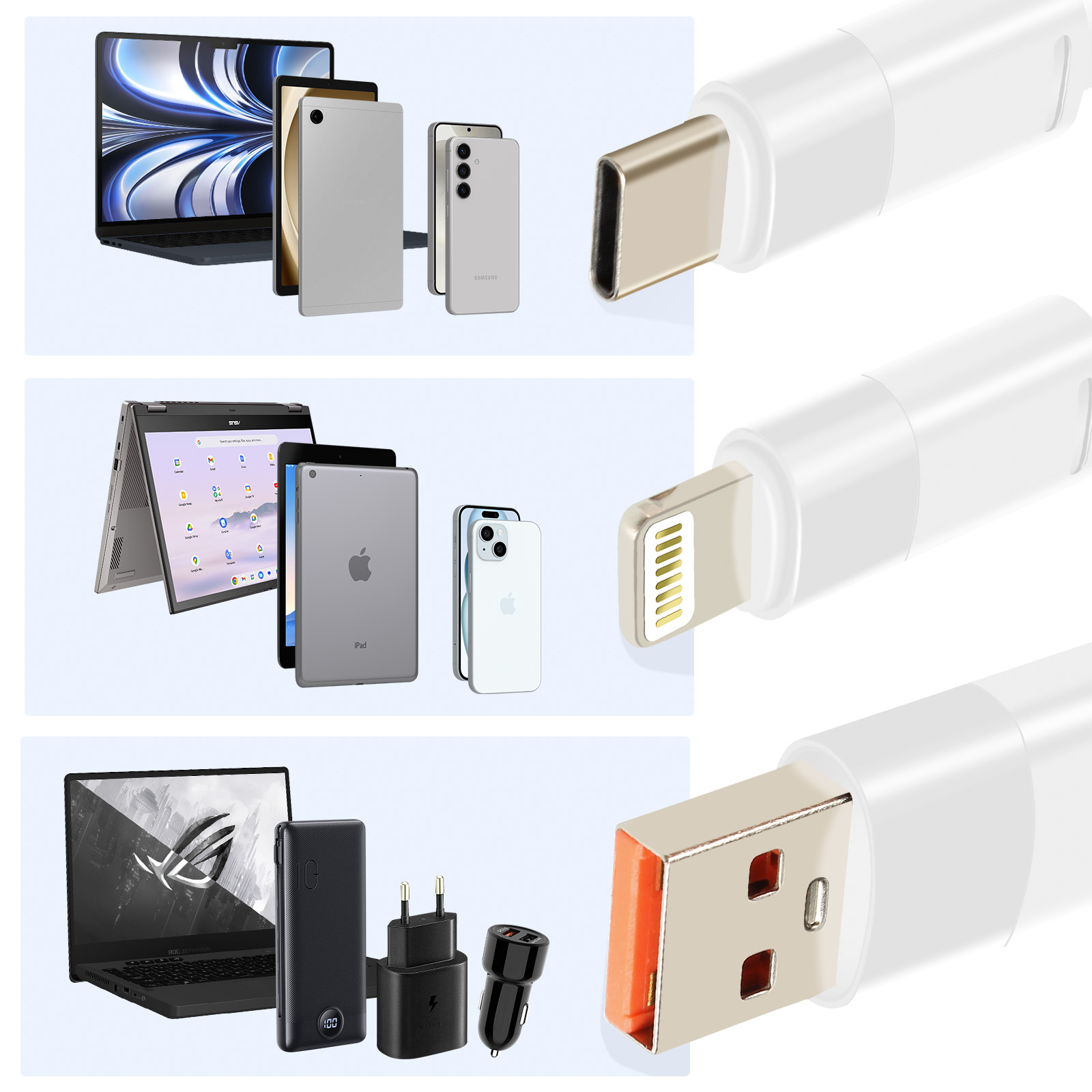 Ein Laptop, Tablets und Telefone werden neben USB-C-, Lightning- und USB-Anschlüssen angezeigt.