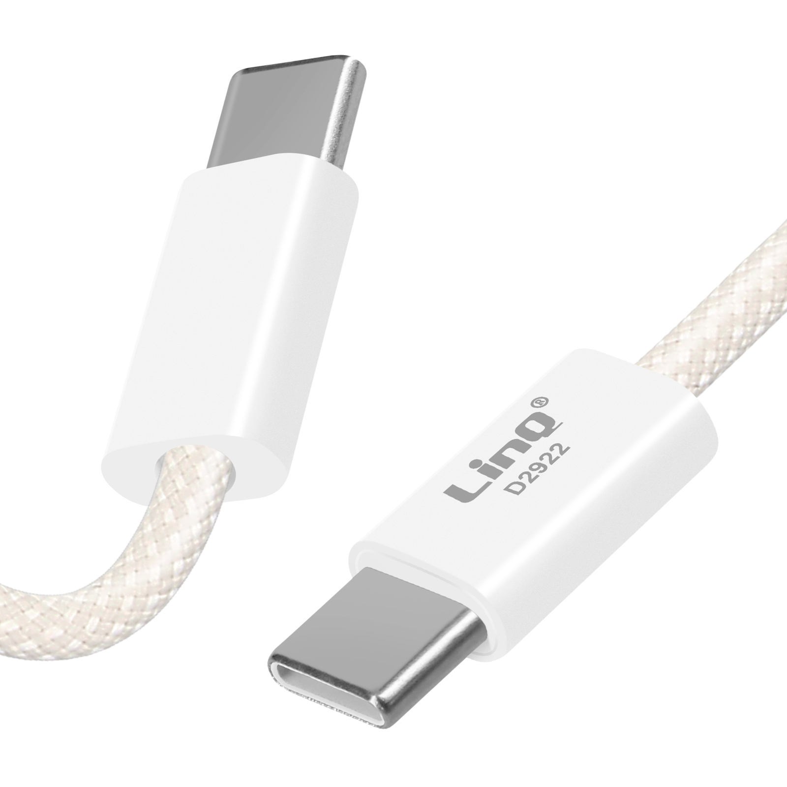 Due cavi USB-C bianchi. Uno è angolato verso lo spettatore, mostrando il connettore. L'altro è sullo sfondo.