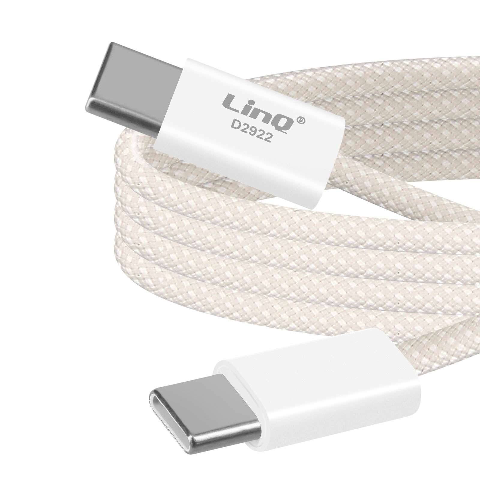Cavo USB-C bianco con cordino intrecciato beige. Il cavo ha il marchio 'LinQ' sul connettore.