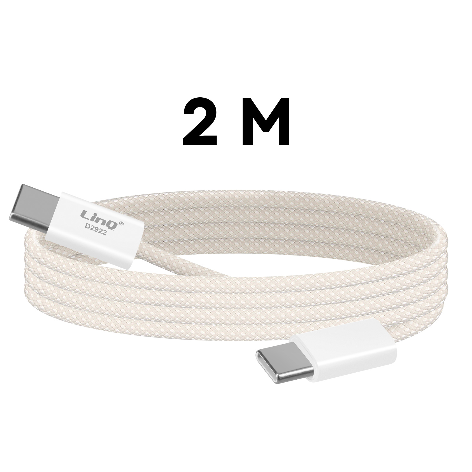 Un cavo USB-C color avorio, arrotolato. Testo '2 M' sopra. Le estremità del cavo sono bianche. Il marchio 'LinQ' è visibile.