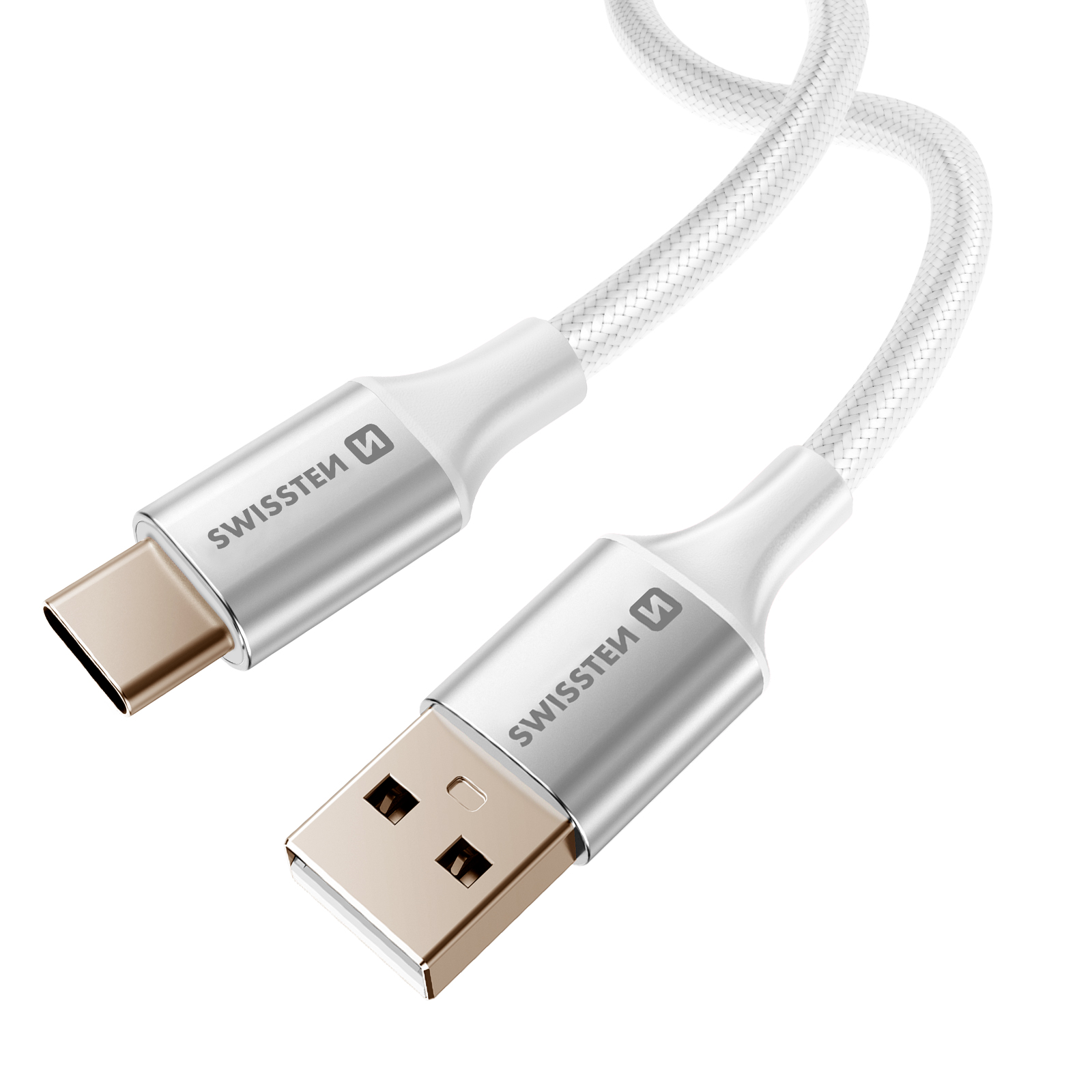 Un cavo USB bianco e argento con connettori USB-C e USB-A, marchio SWISSTEN, su sfondo bianco.