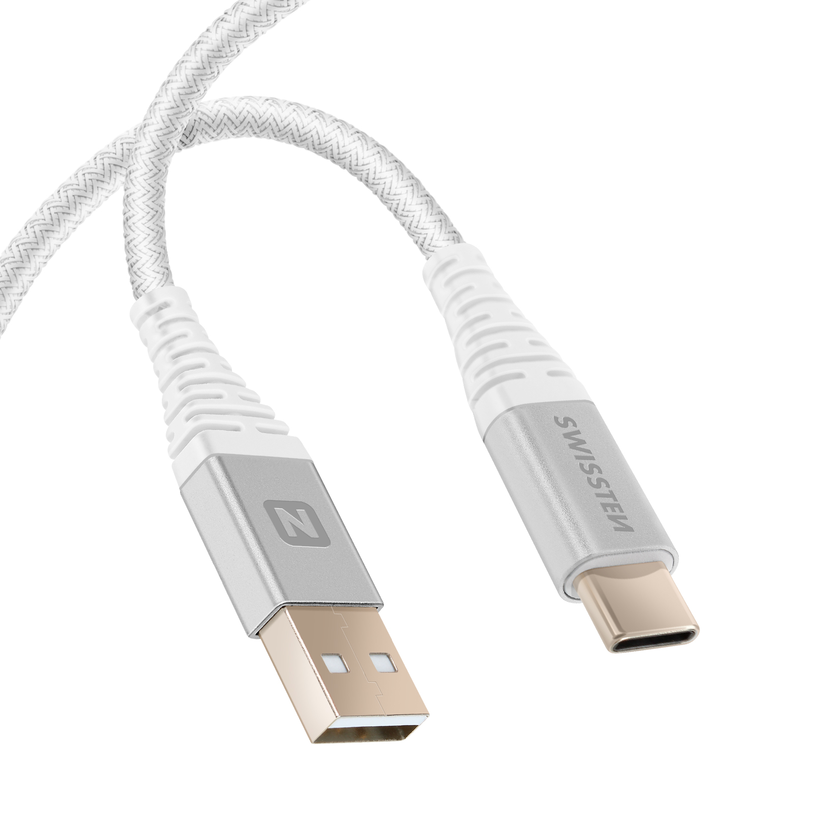 Un cavo USB bianco e argento con connettori USB-A e USB-C. Il cavo è intrecciato e riporta il marchio 'SWISSTEM'.