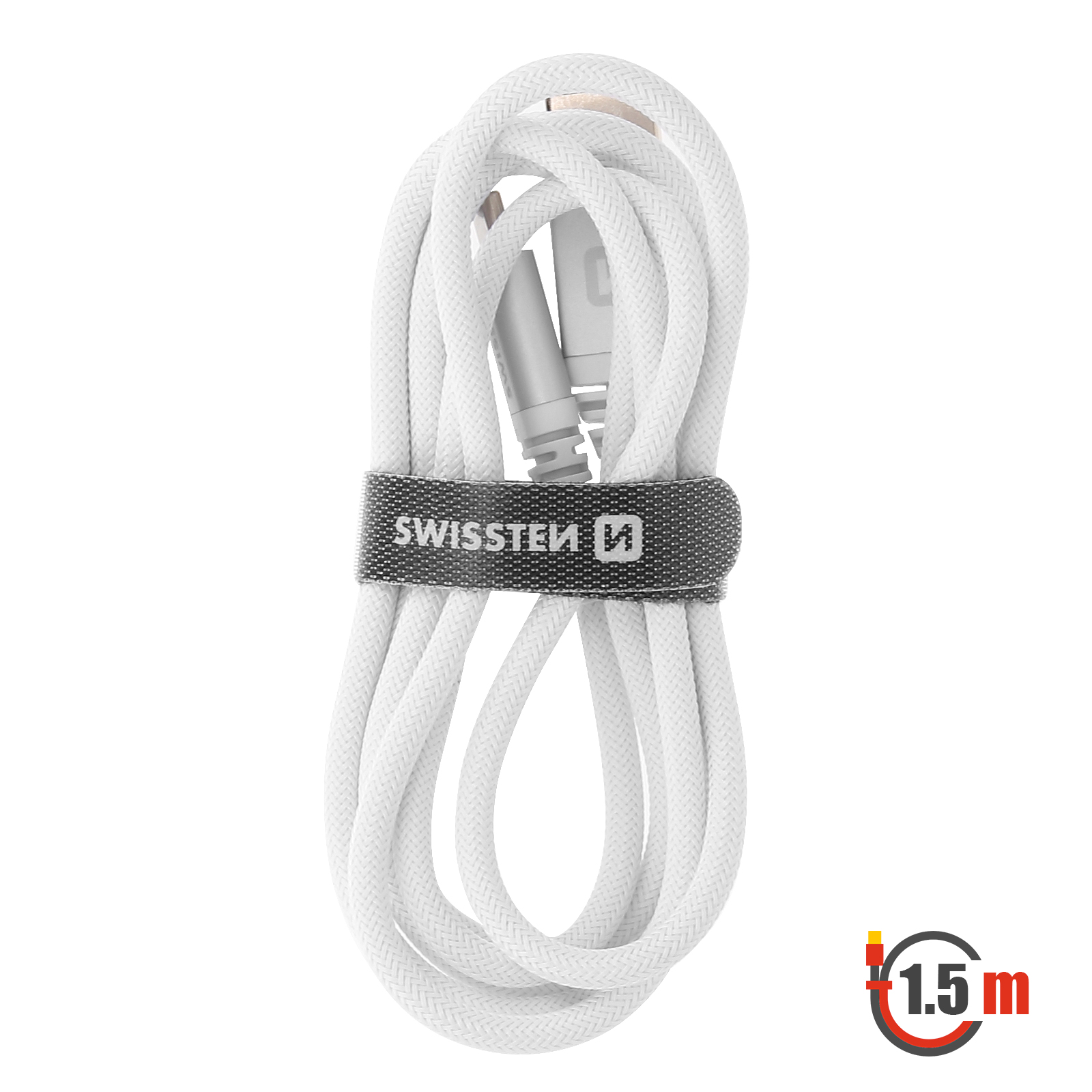 Cavo USB bianco con una fascia Swisssten. Il cavo è arrotolato. Un cartello da 1,5 m si trova in basso a destra.