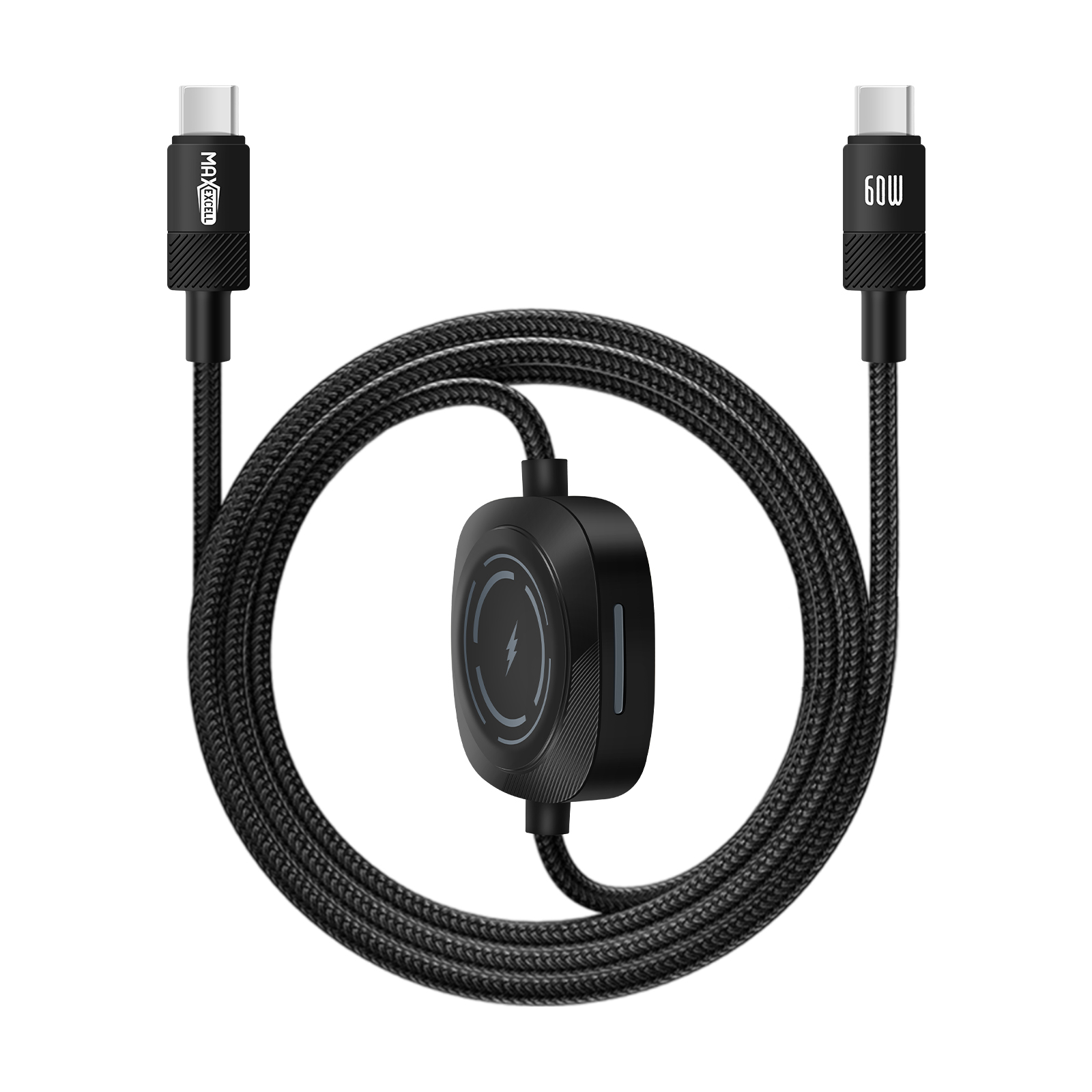 Cavo di ricarica nero con design intrecciato. Dispone di due connettori USB-C e un pad di ricarica. Sfondo bianco.