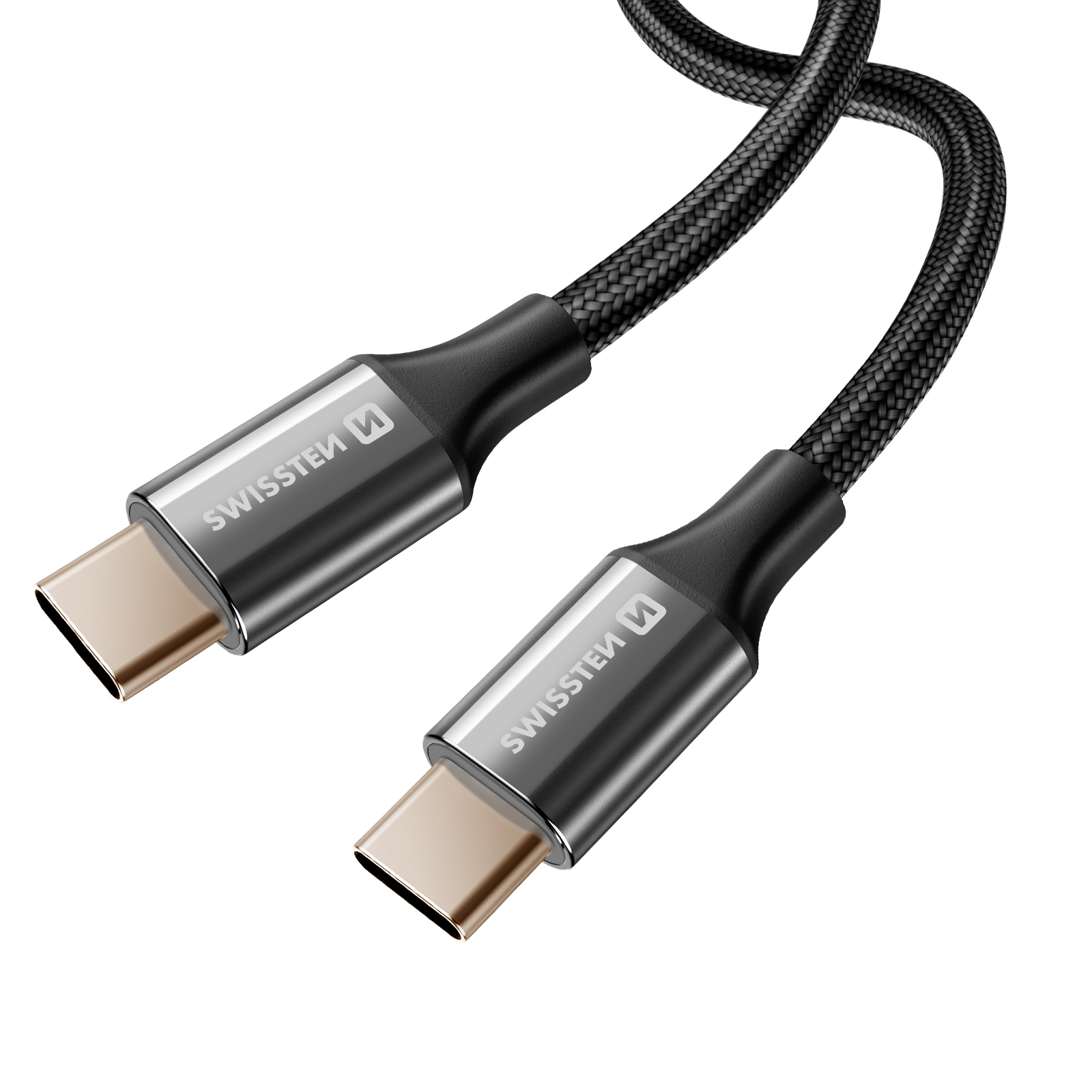 Due cavi USB-C. Cavi intrecciati neri con connettori argentati. I connettori hanno contatti dorati. Sfondo bianco.