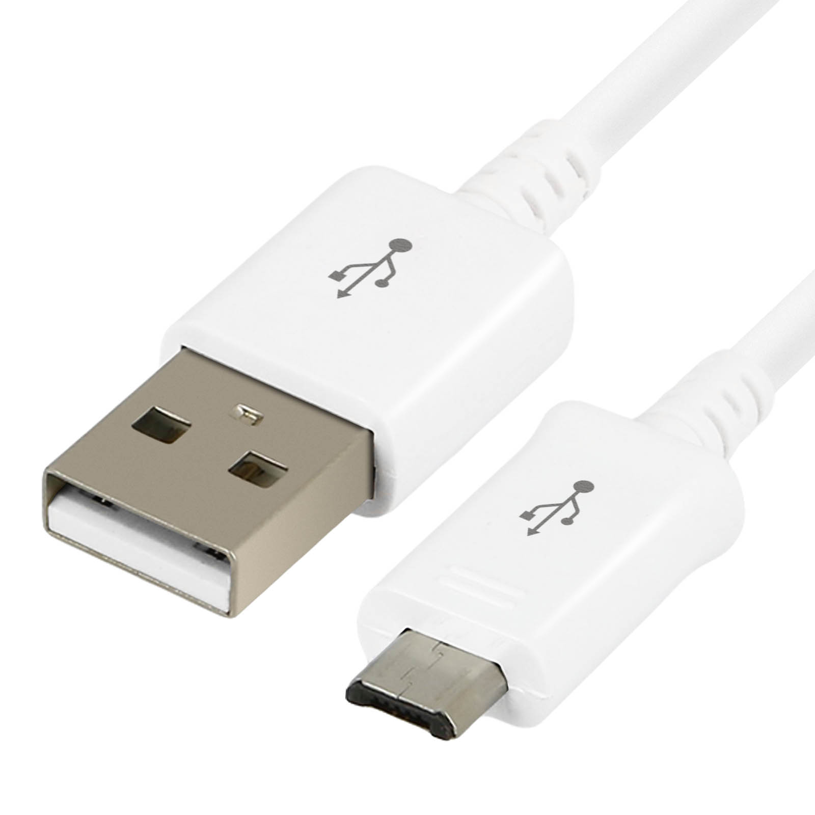Cavo USB bianco con connettori USB e micro-USB. Entrambe le estremità hanno il simbolo USB. I connettori sono grigio argento.