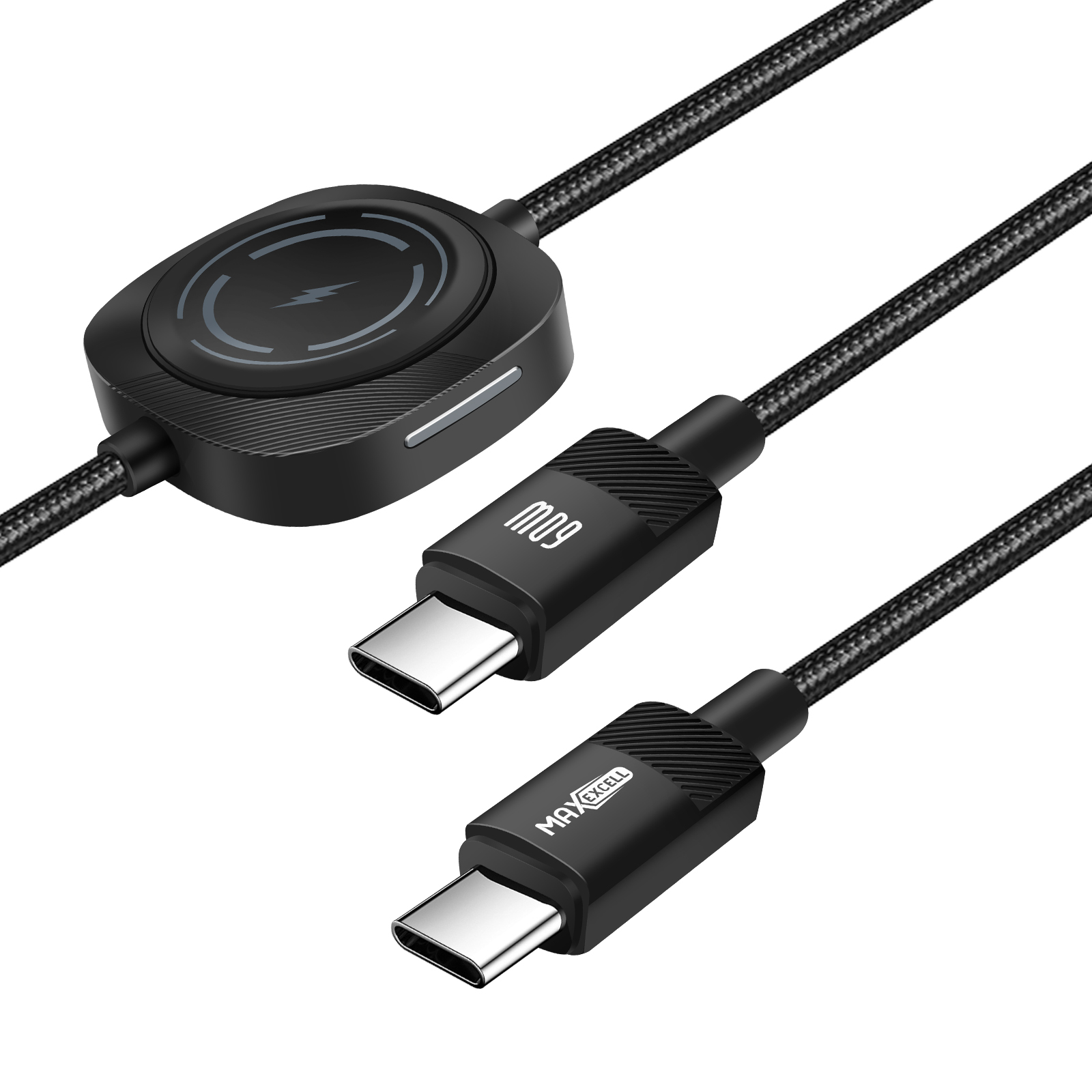 Cavo di ricarica nero con connettori USB-C e un pad di ricarica con simbolo del fulmine.
