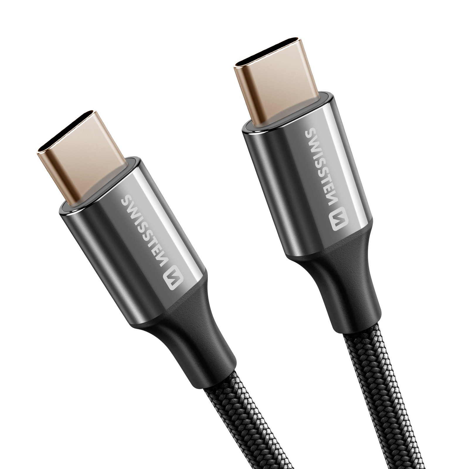 Due cavi USB-C, con connettori argentati e cavi intrecciati neri. Il marchio 'SWISSTEN' è visibile.