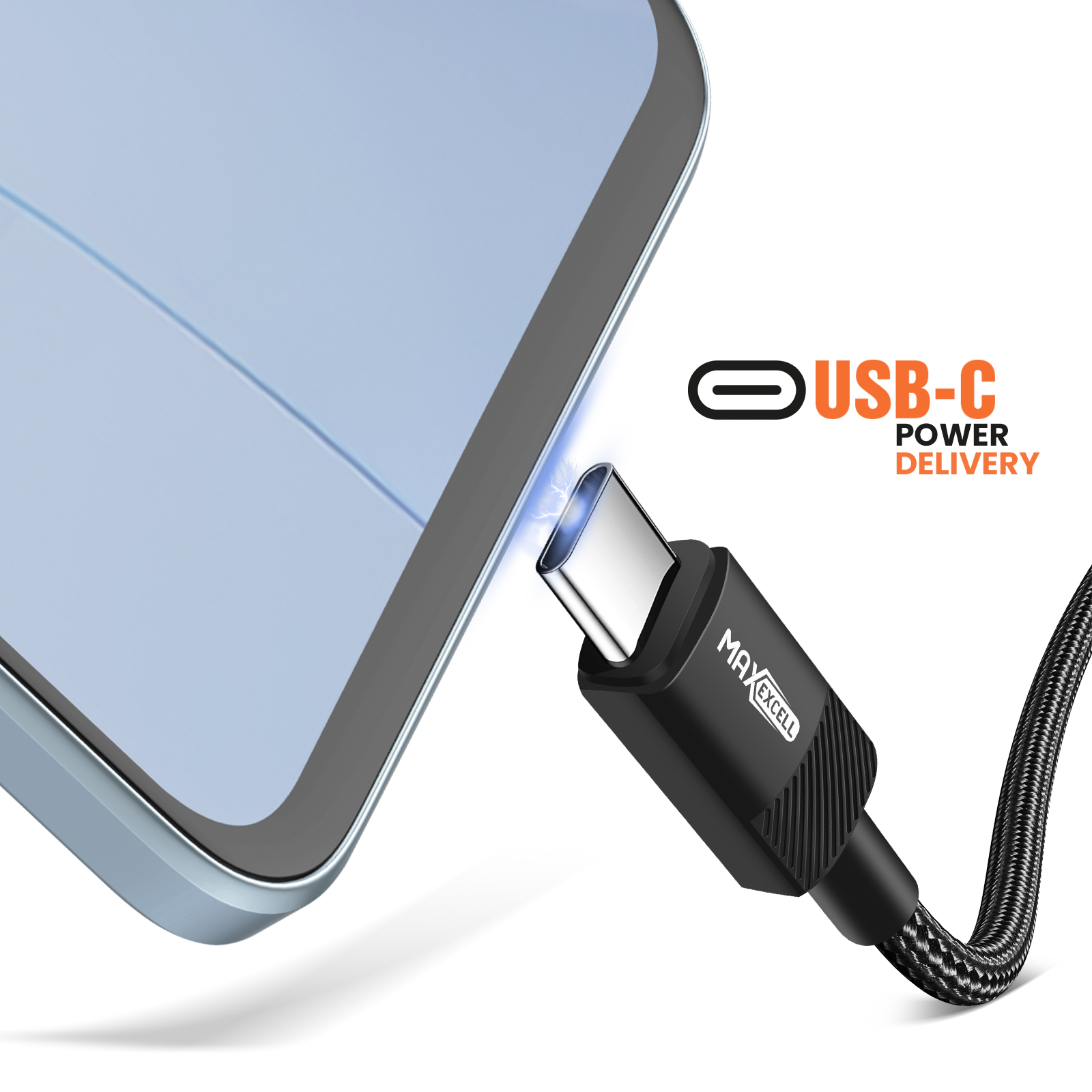 Un cavo USB-C nero è collegato a un tablet. Il cavo è etichettato MaxExcell con un testo USB-C Power Delivery.