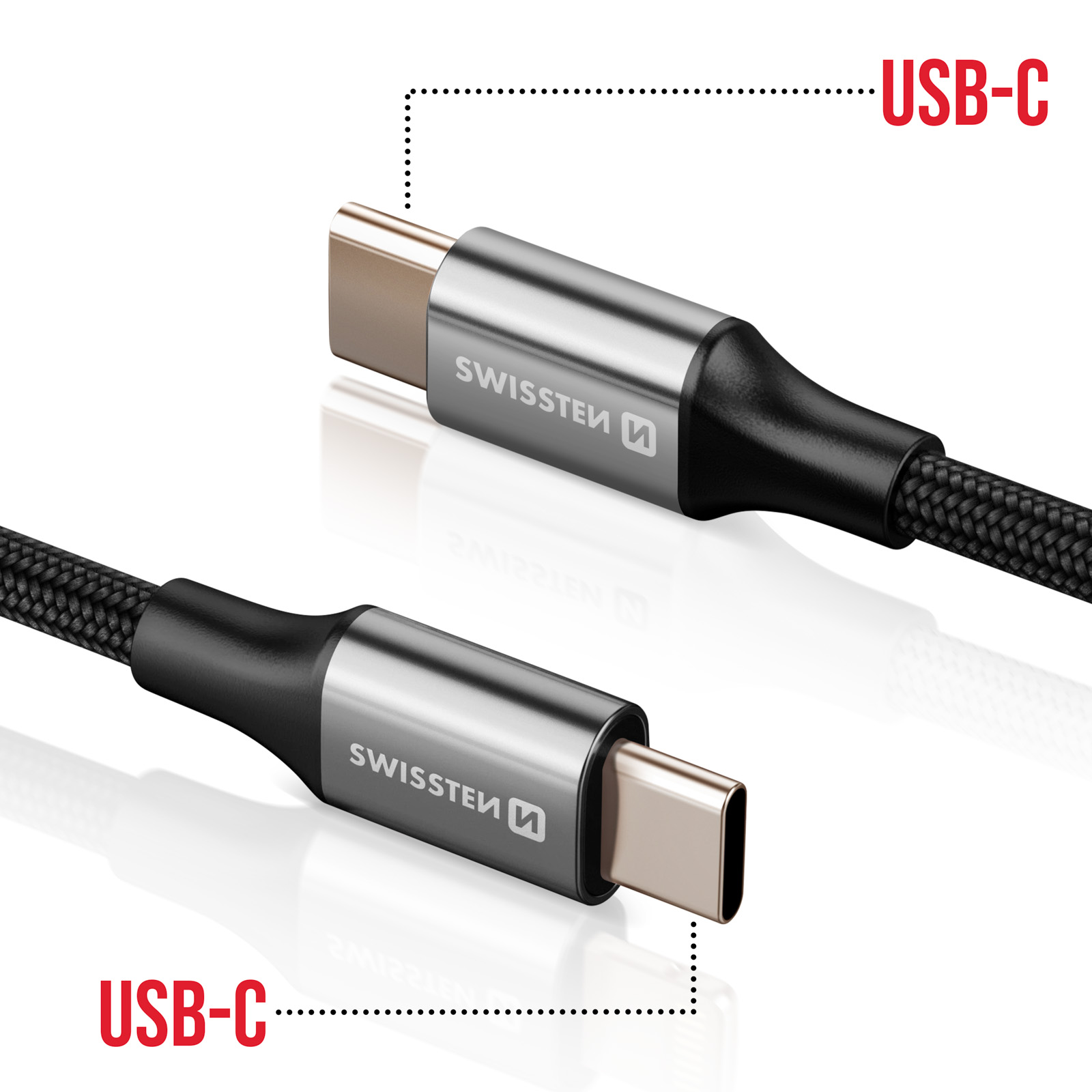 Due cavi USB-C con connettori argentati e cavi intrecciati neri. Testo: SWISSTEN. Lo sfondo è bianco.