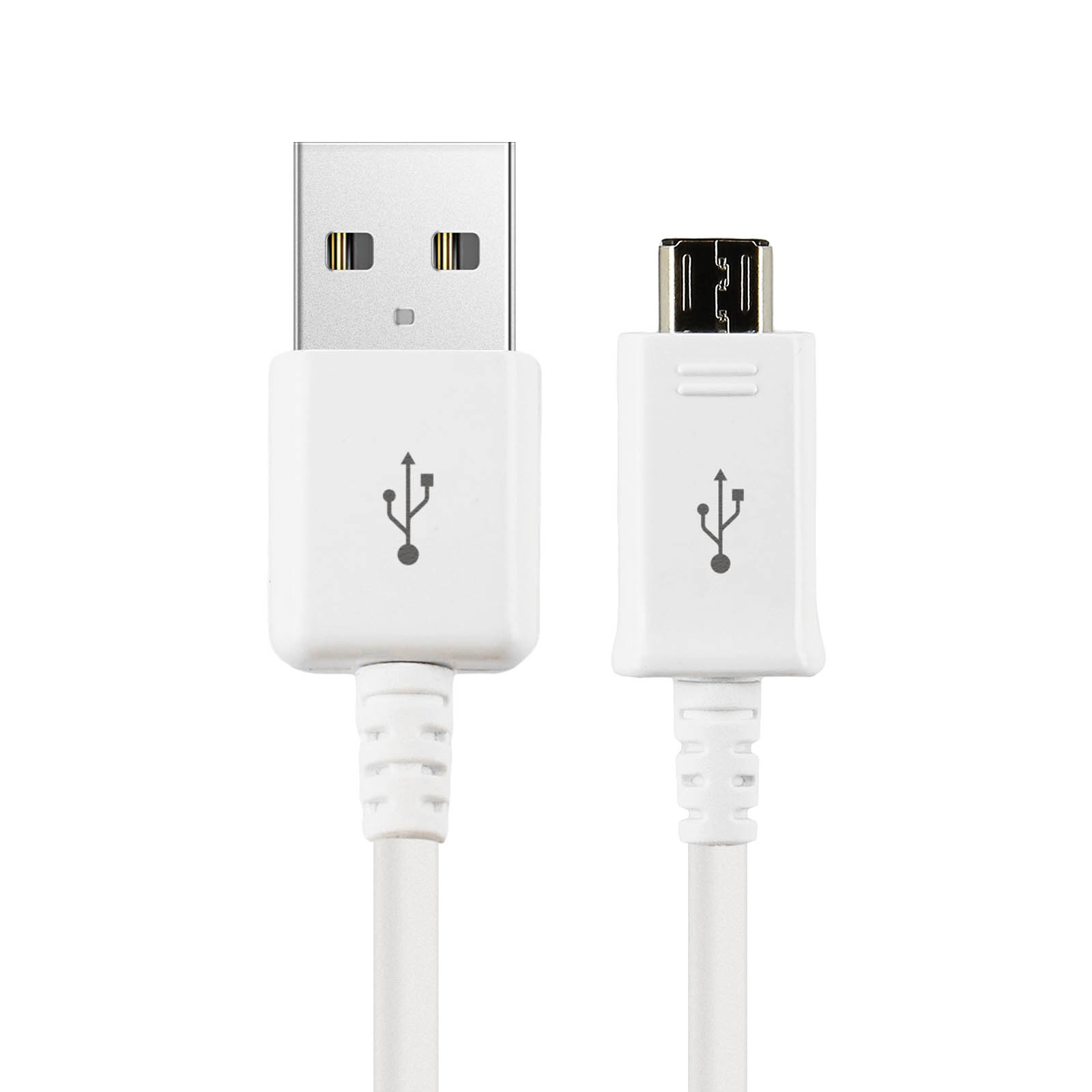 Due cavi USB bianchi su sfondo bianco. Ogni cavo ha un connettore USB.