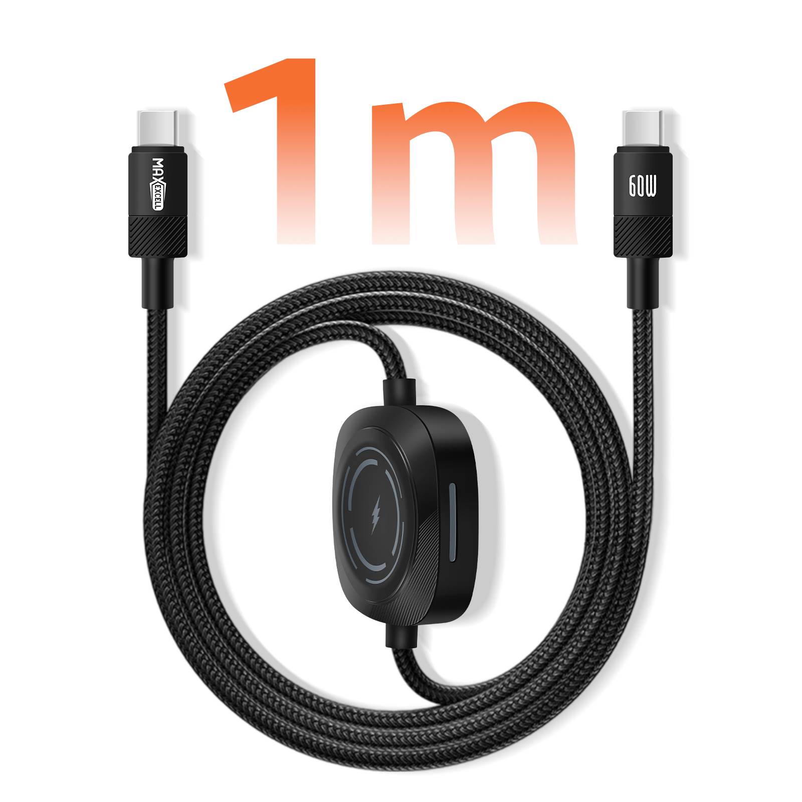 Cavo di ricarica USB-C nero con indicatore di lunghezza di 1 m. Include un pad di ricarica e uscita da 60 W.