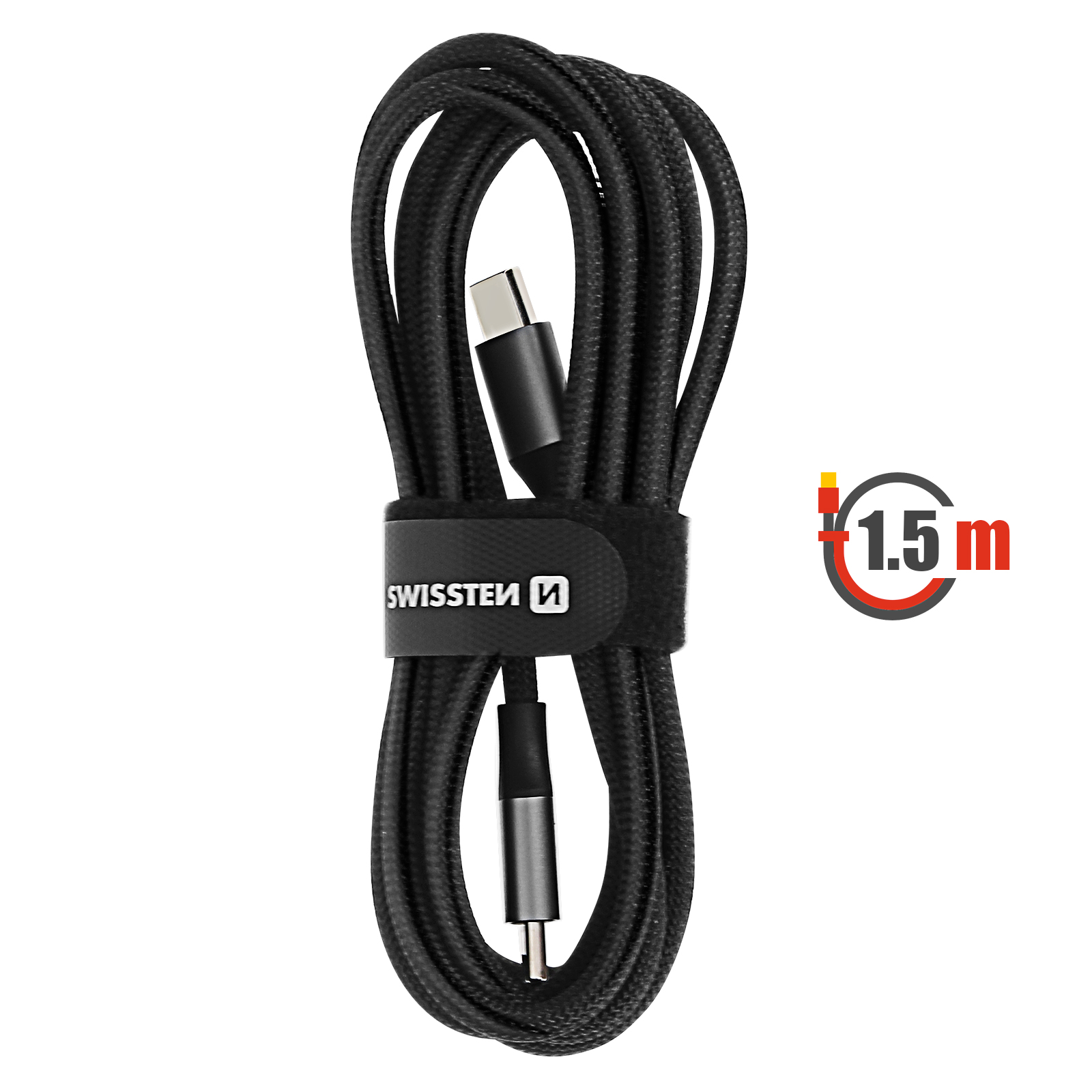 Cavo USB-C nero, lungo 1,5 m, avvolto con una fascia nera con il logo 'SWISSTEN'.