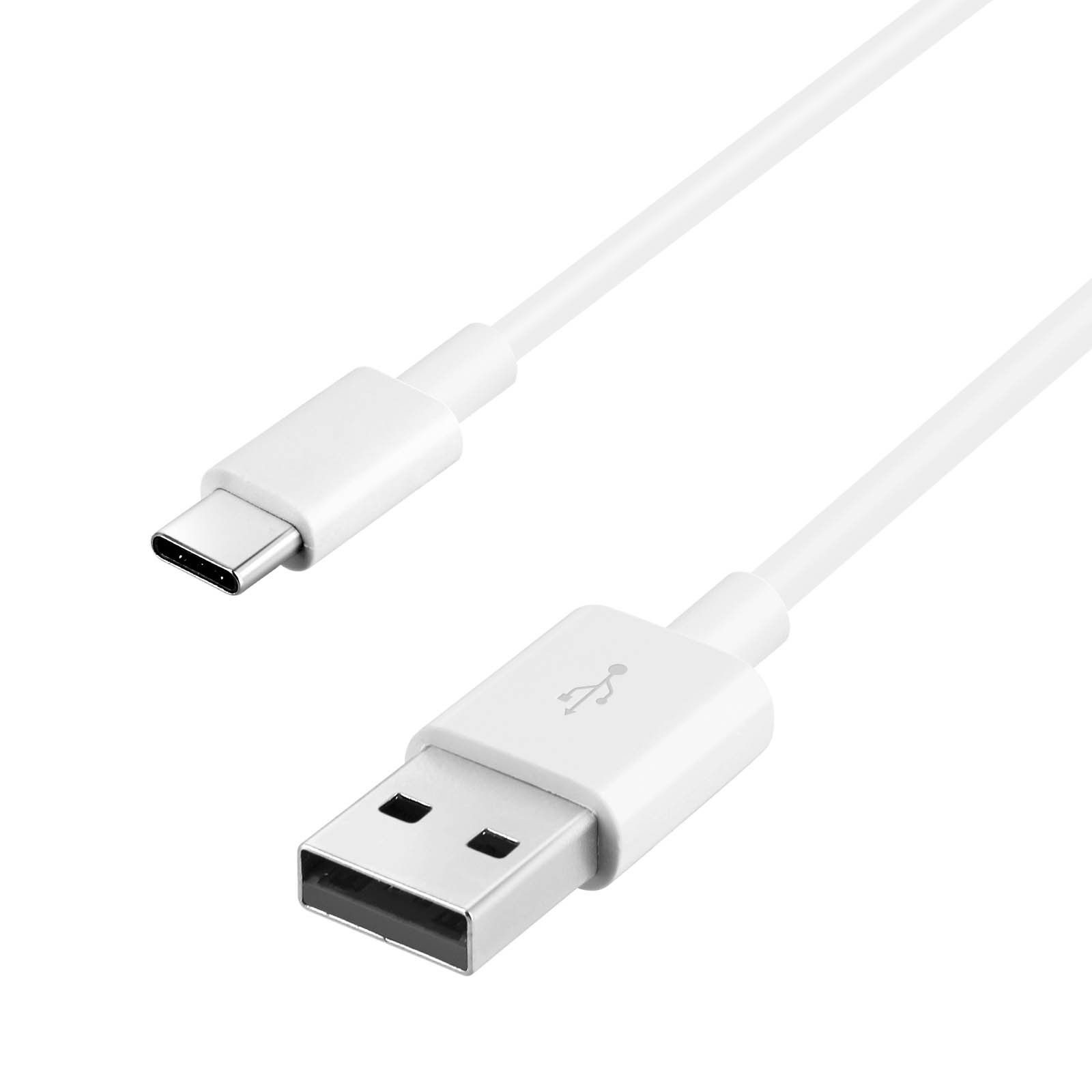 Un cavo USB bianco con connettore USB-C e connettore USB-A. Il cavo è su sfondo bianco.