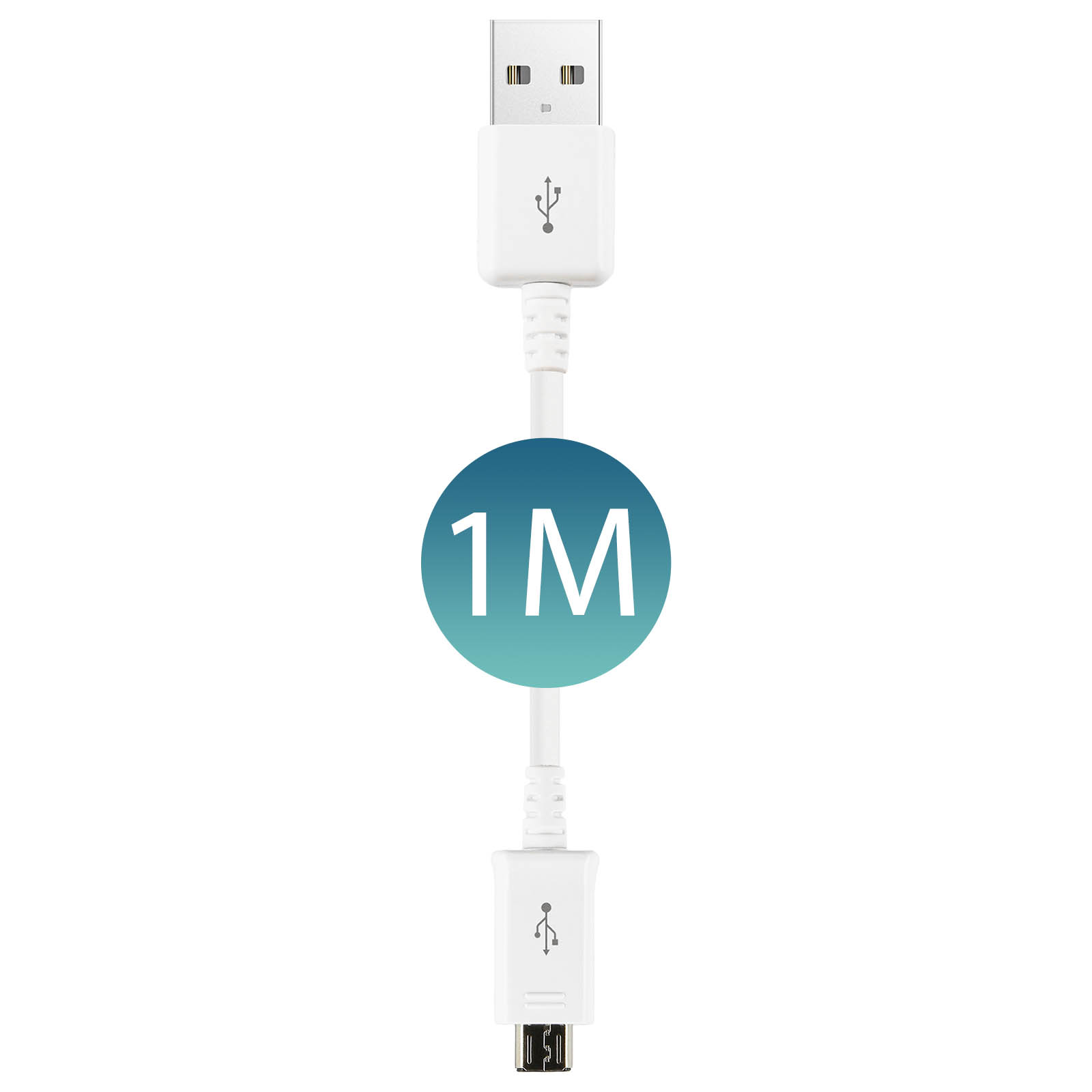 Un cavo USB bianco con un connettore USB-A e un connettore micro-USB. Al centro un cerchio 1M.