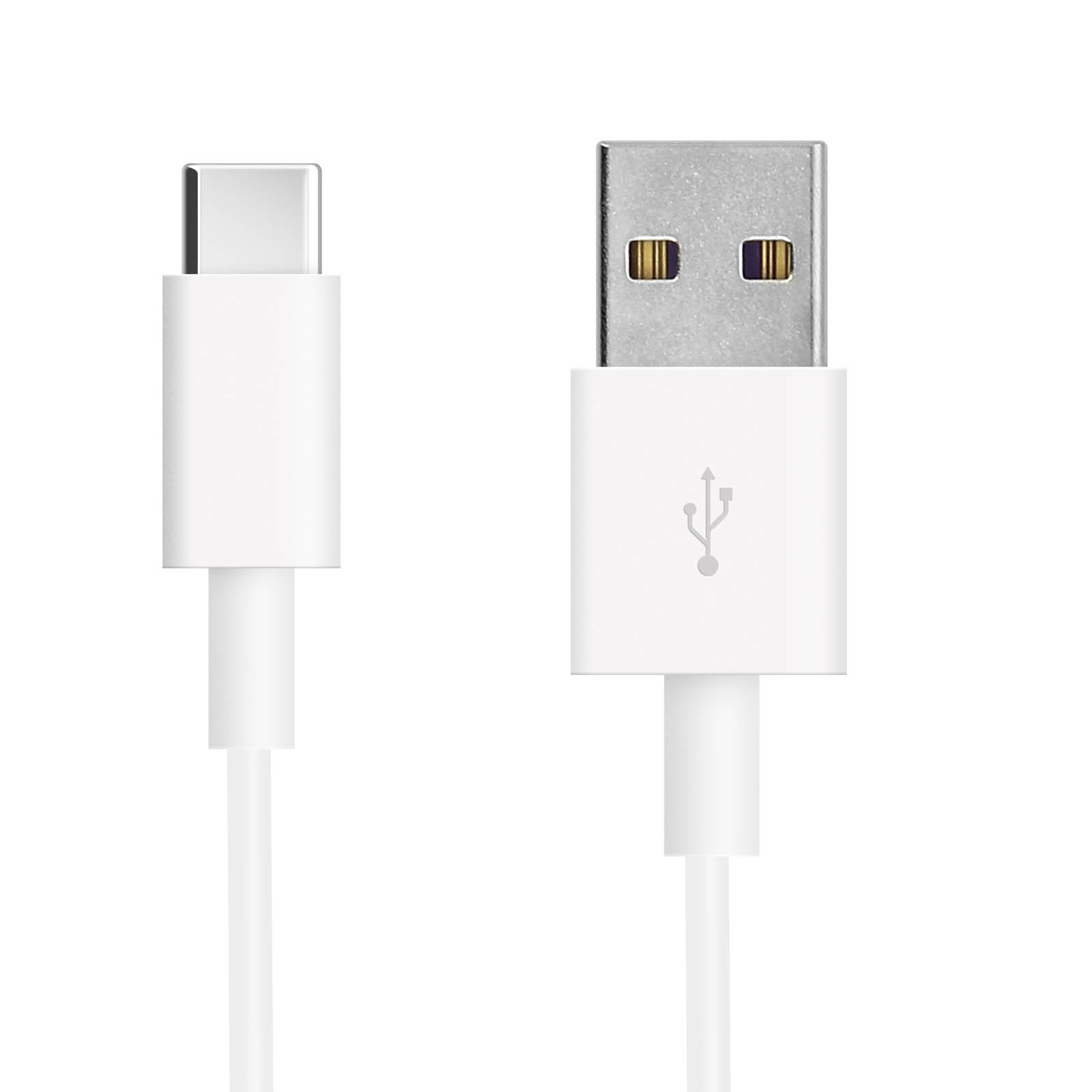 Un cavo di ricarica bianco da USB-C a USB-A su sfondo bianco. L'estremità USB-C è a sinistra, USB-A a destra.