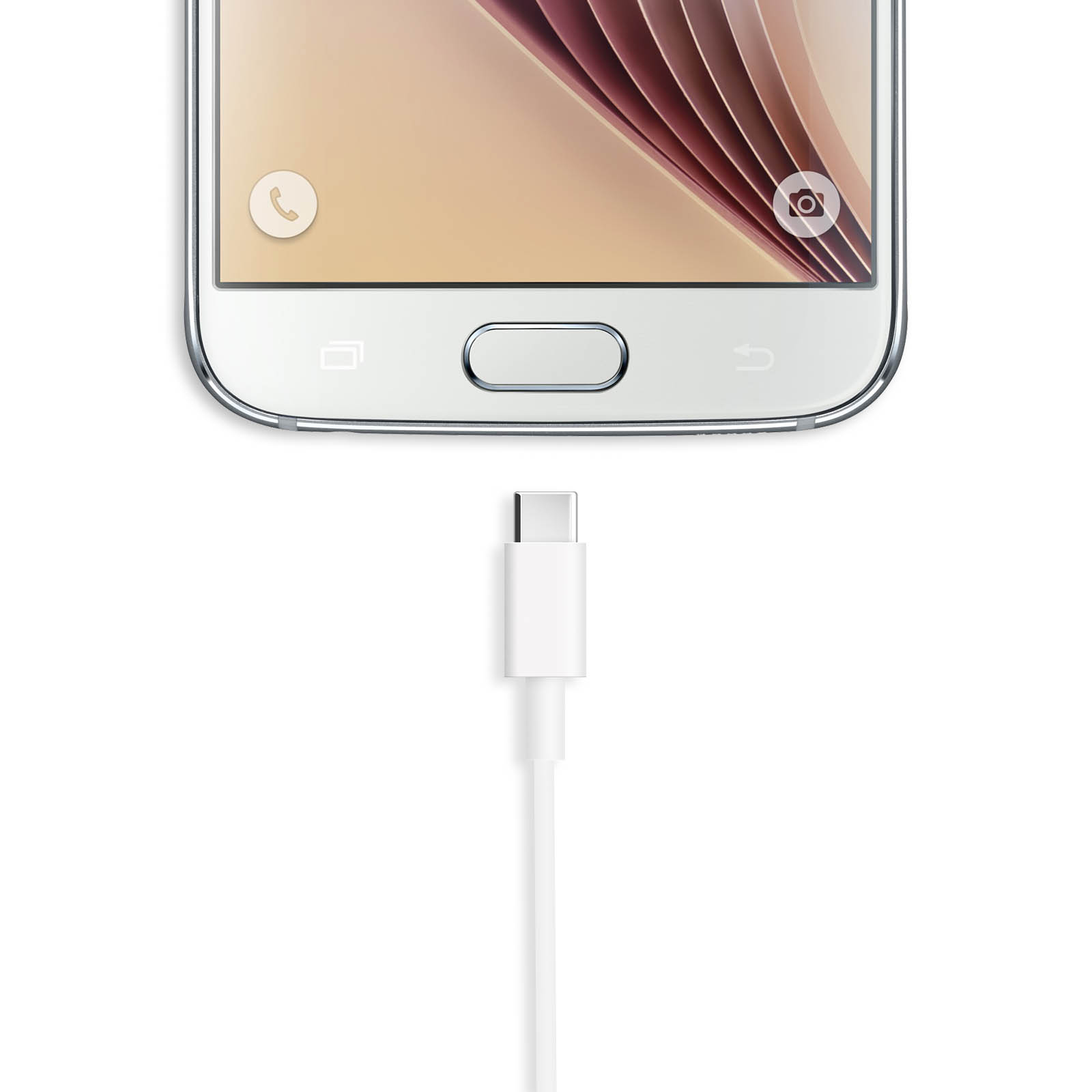 Uno smartphone bianco con un cavo USB-C bianco collegato. Lo schermo mostra icone e sfondo chiaro.