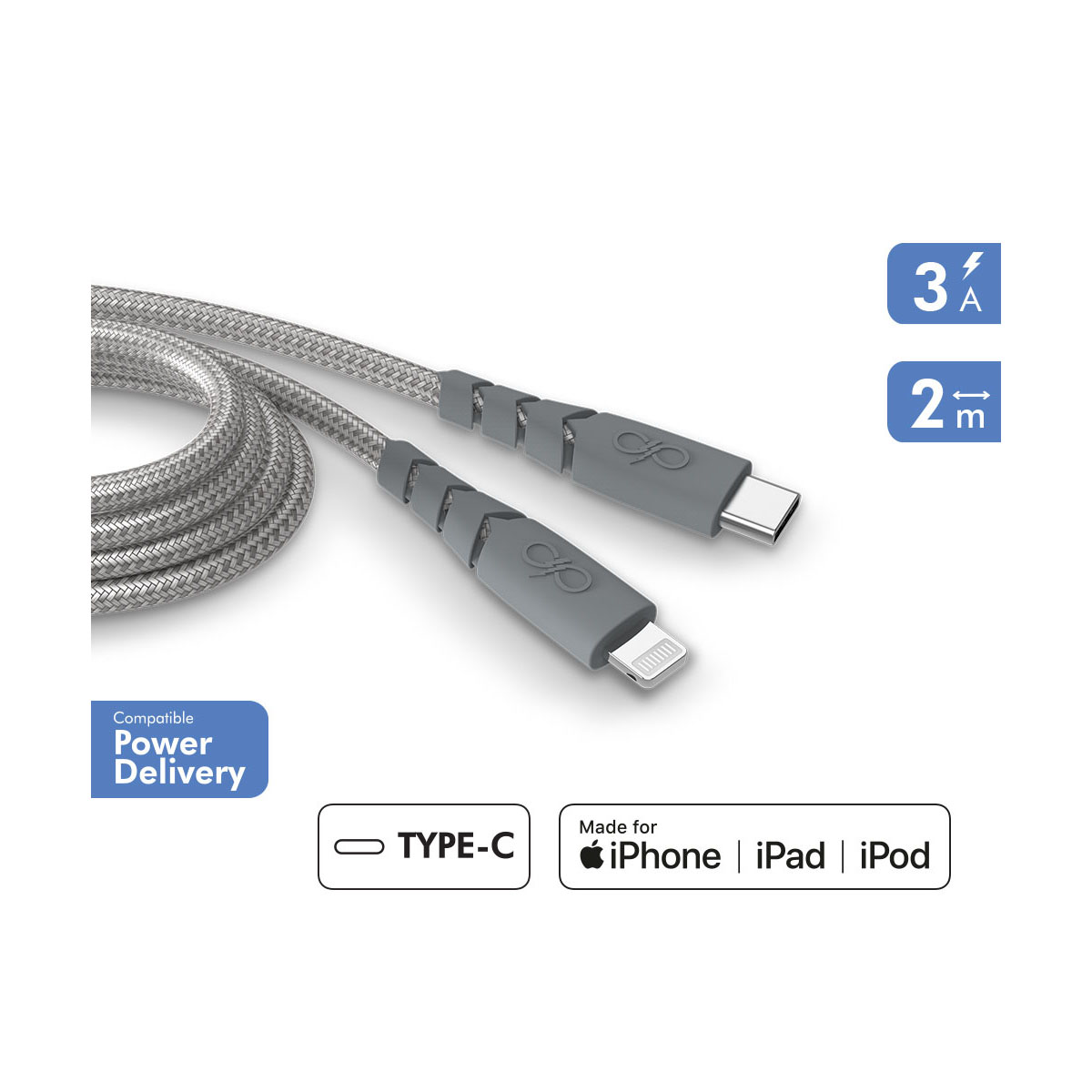 Ein silbernes geflochtenes Kabel mit grauen Steckern. Enthält Typ-C- und Lightning-Anschlüsse. Kompatibel mit iPhone, iPad, iPod und Power Delivery.