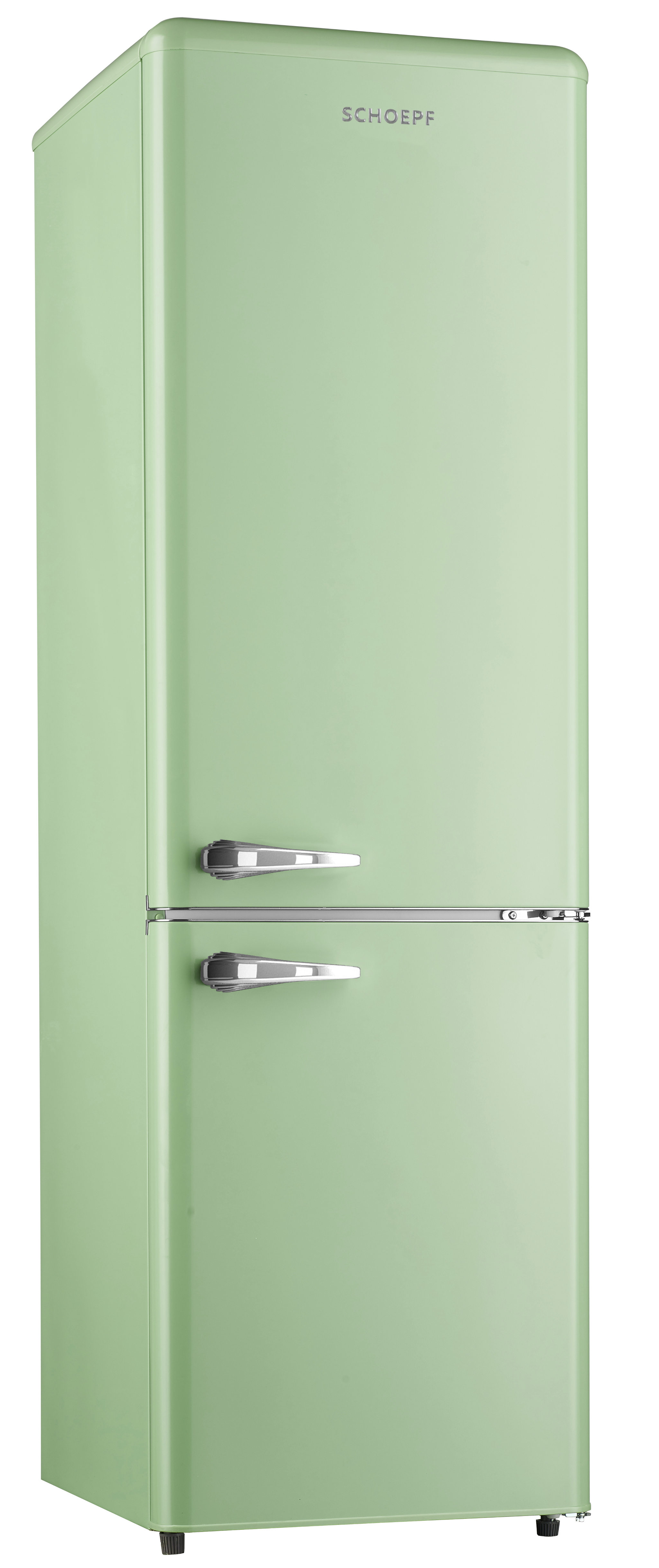 Ein hellgrüner Kühlschrank im Retro-Stil. Er hat zwei Türen, silberne Griffe und den Markennamen 'SCHOEPP' oben.