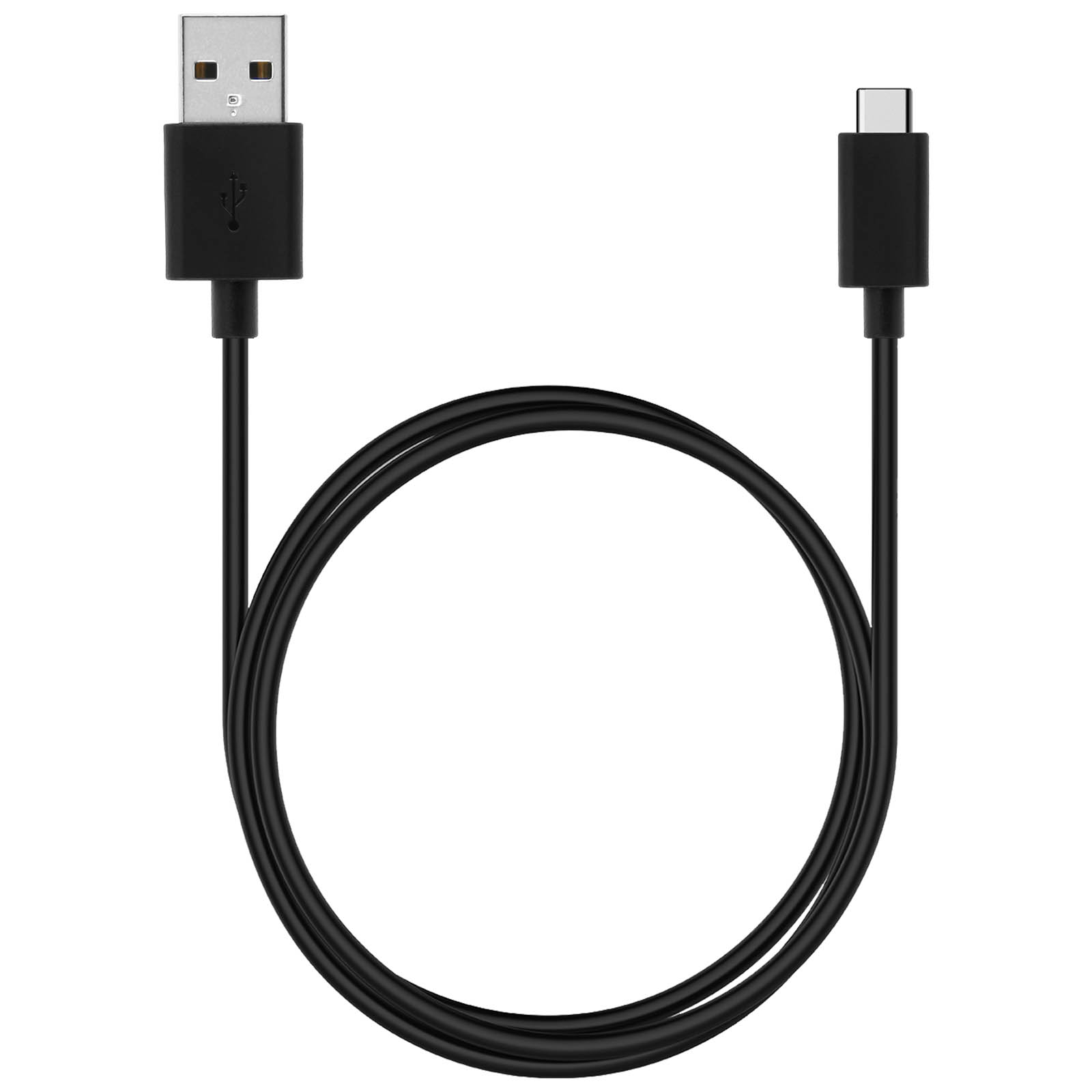 Un cavo nero da USB-A a USB-C su sfondo bianco. Il cavo è curvo, collegando i due connettori.