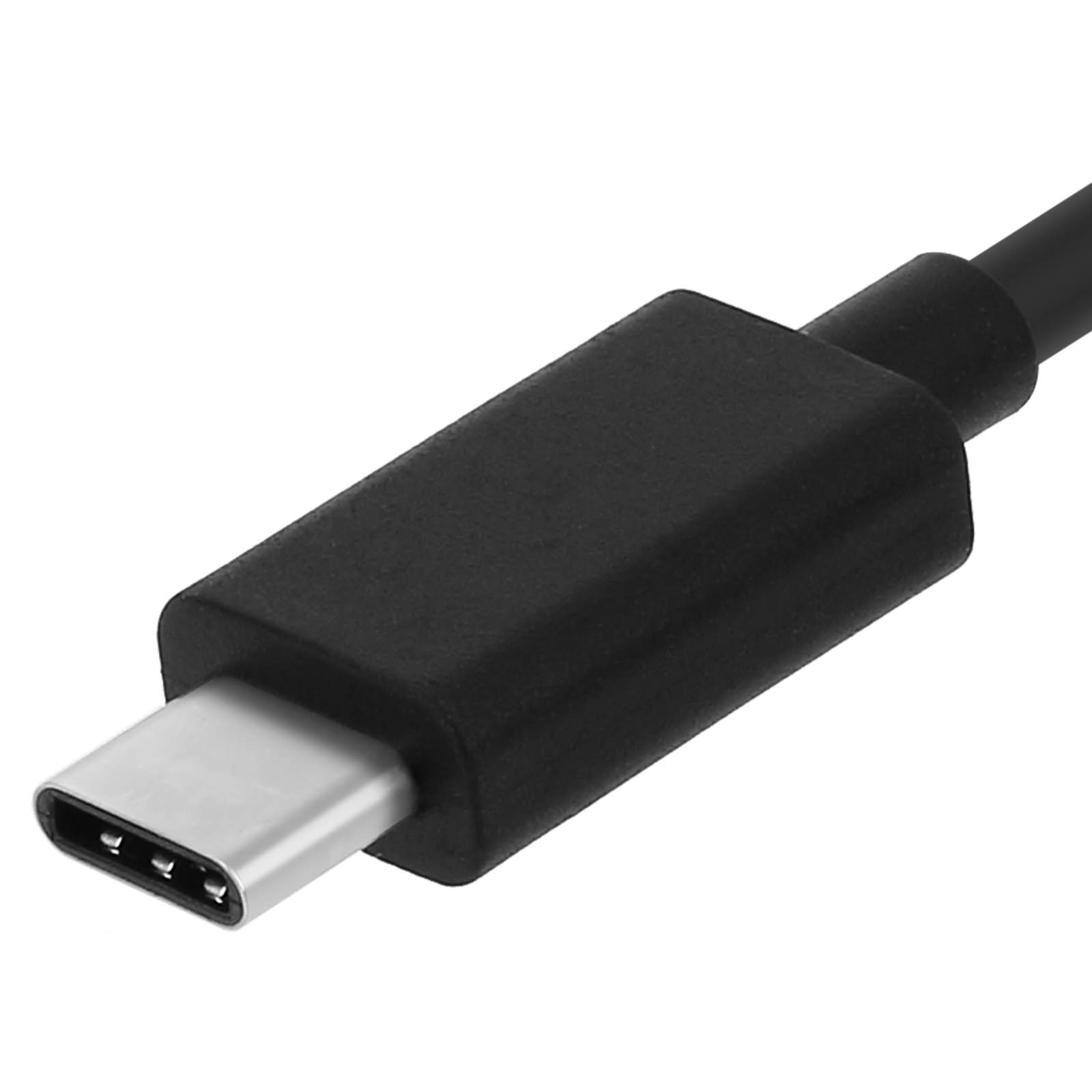 Primo piano di un connettore USB-C nero con punta argentata. Lo sfondo è bianco.