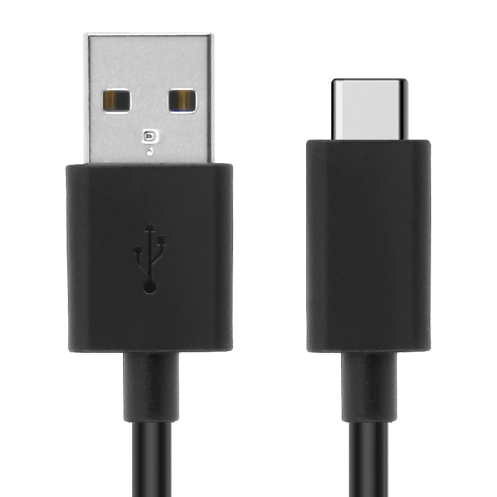 Un cavo USB nero con connettori USB-A e USB-C. L'USB-A ha una testa argentata, l'USB-C è rettangolare.