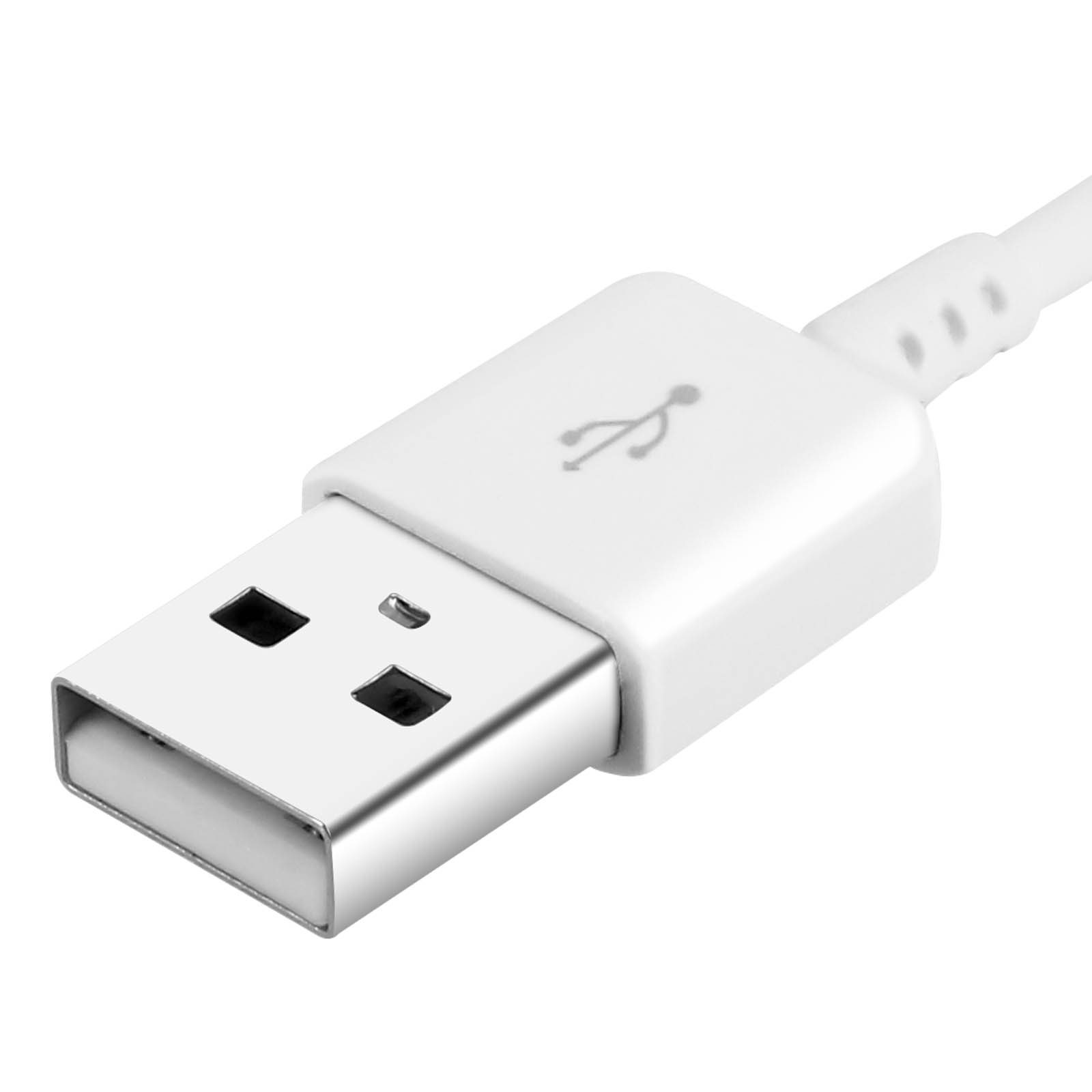 Un connettore USB bianco con porta argentata. Il connettore ha un simbolo USB. Lo sfondo è bianco.