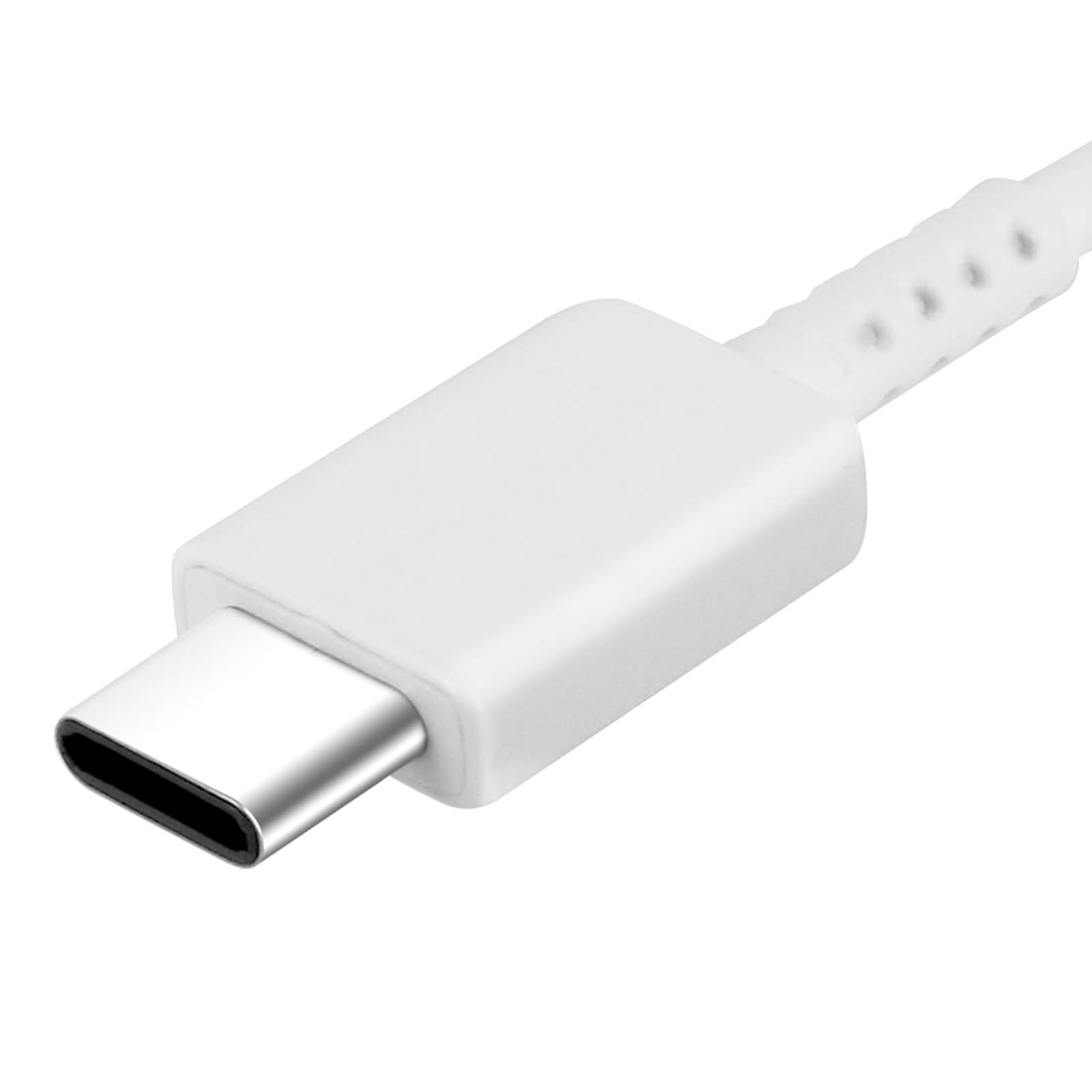 Primo piano di un cavo USB-C bianco. Il connettore è argentato, il cavo è bianco. Il cavo ha una parte strutturata.