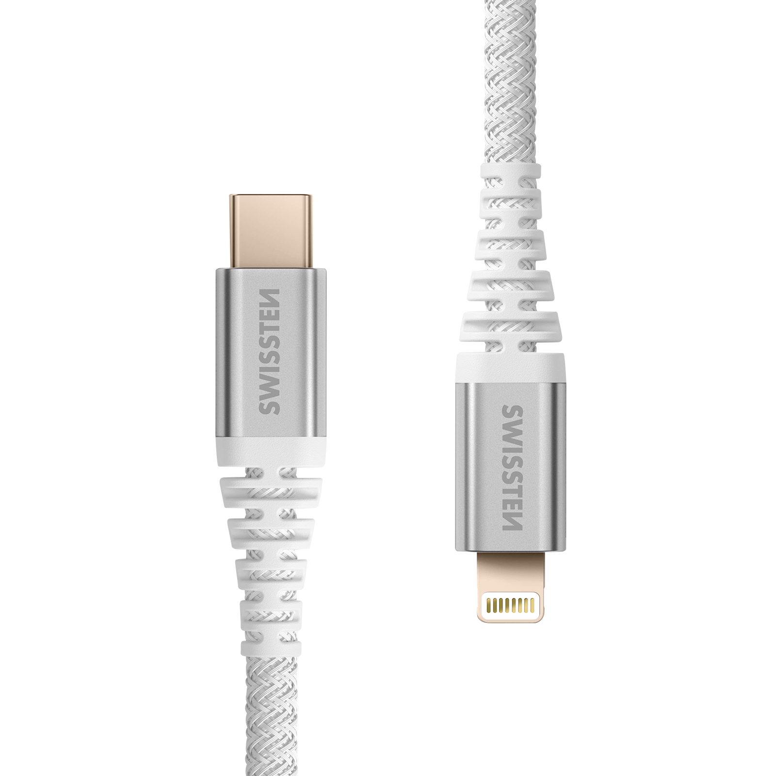 Zwei weiße, geflochtene Ladekabel mit silbernen Steckern, eines USB-C und eines Lightning, beide mit der Aufschrift 'SWISSTEN'.