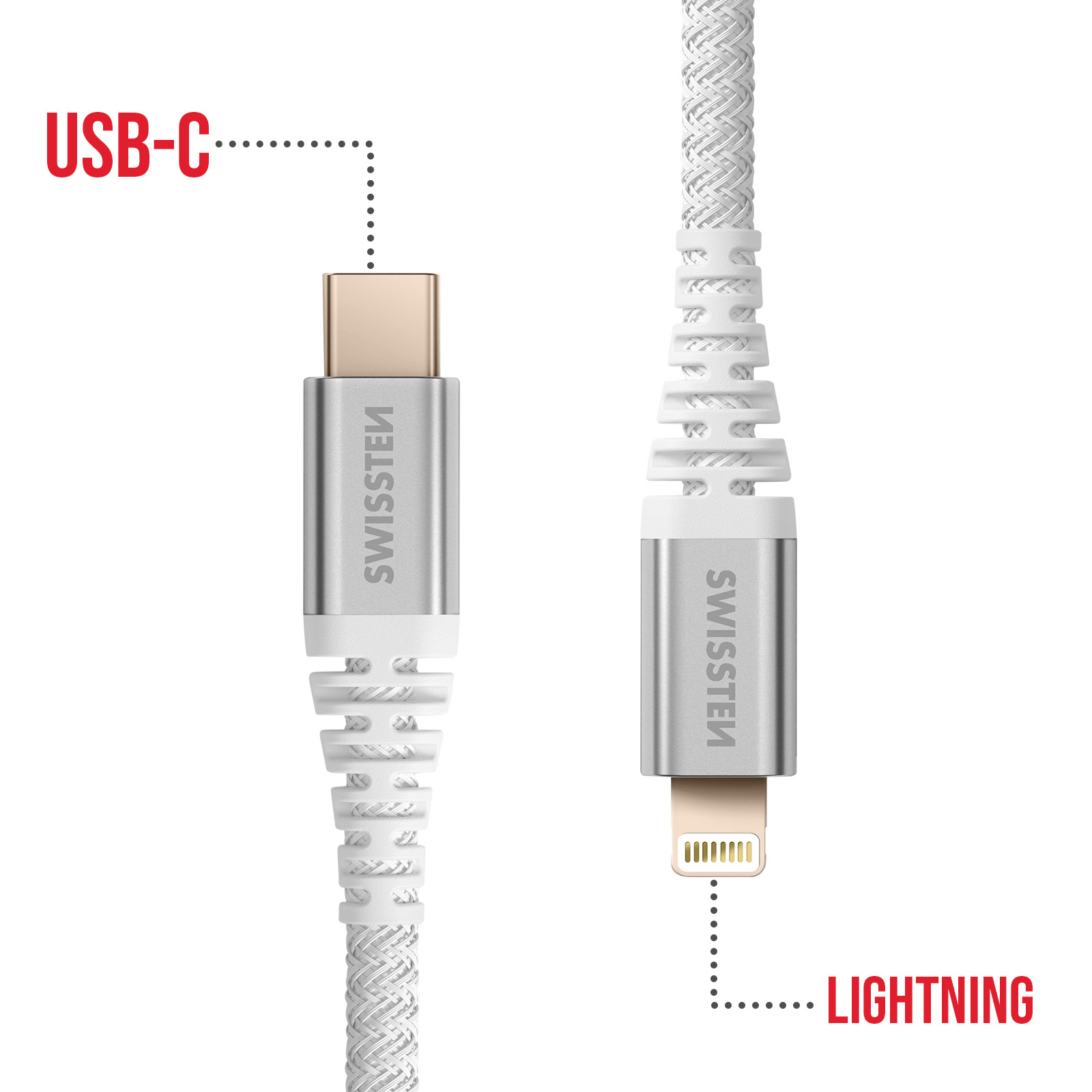 Ein weißes USB-C-zu-Lightning-Kabel. Das Kabel hat einen silbernen Metallanschluss mit dem Markennamen 'SWISSTEN'.
