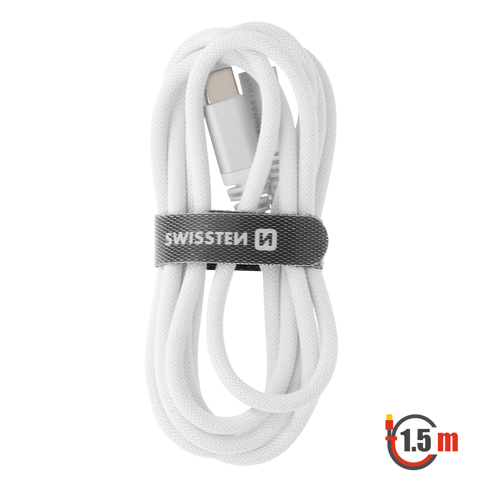 Weißes USB-C-Kabel aufgerollt, gehalten von einem grauen Band mit der Aufschrift "SWISSTEN". Das Kabel ist 1,5 m lang.