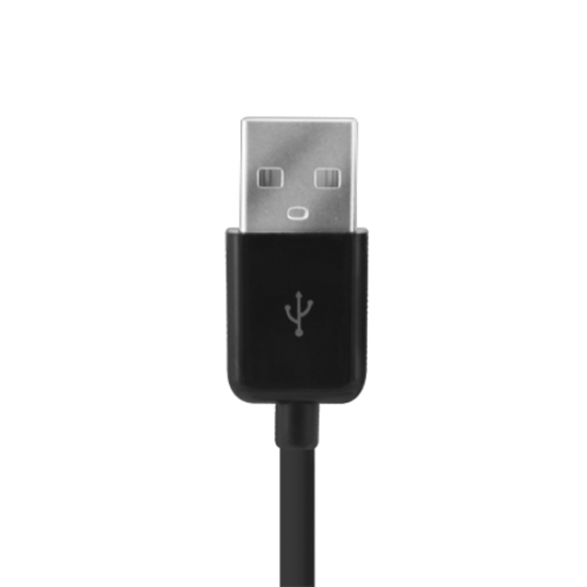 Primo piano di un cavo USB nero. Il connettore USB è in alto. Lo sfondo è bianco.