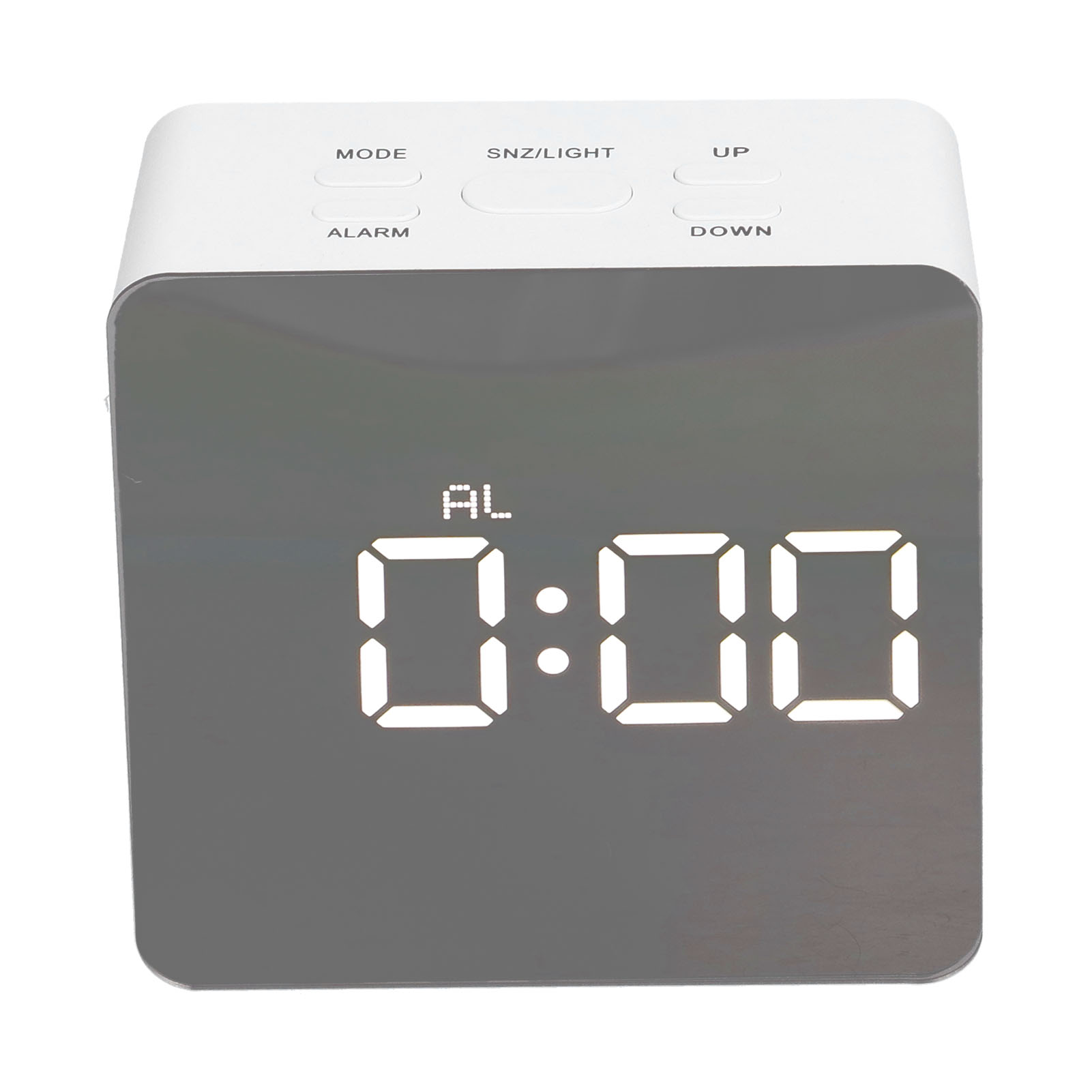 Weißer digitaler Wecker zeigt 0:00 an. Tasten für Modus, Alarm, Schlummer/Licht, oben und unten sind sichtbar.