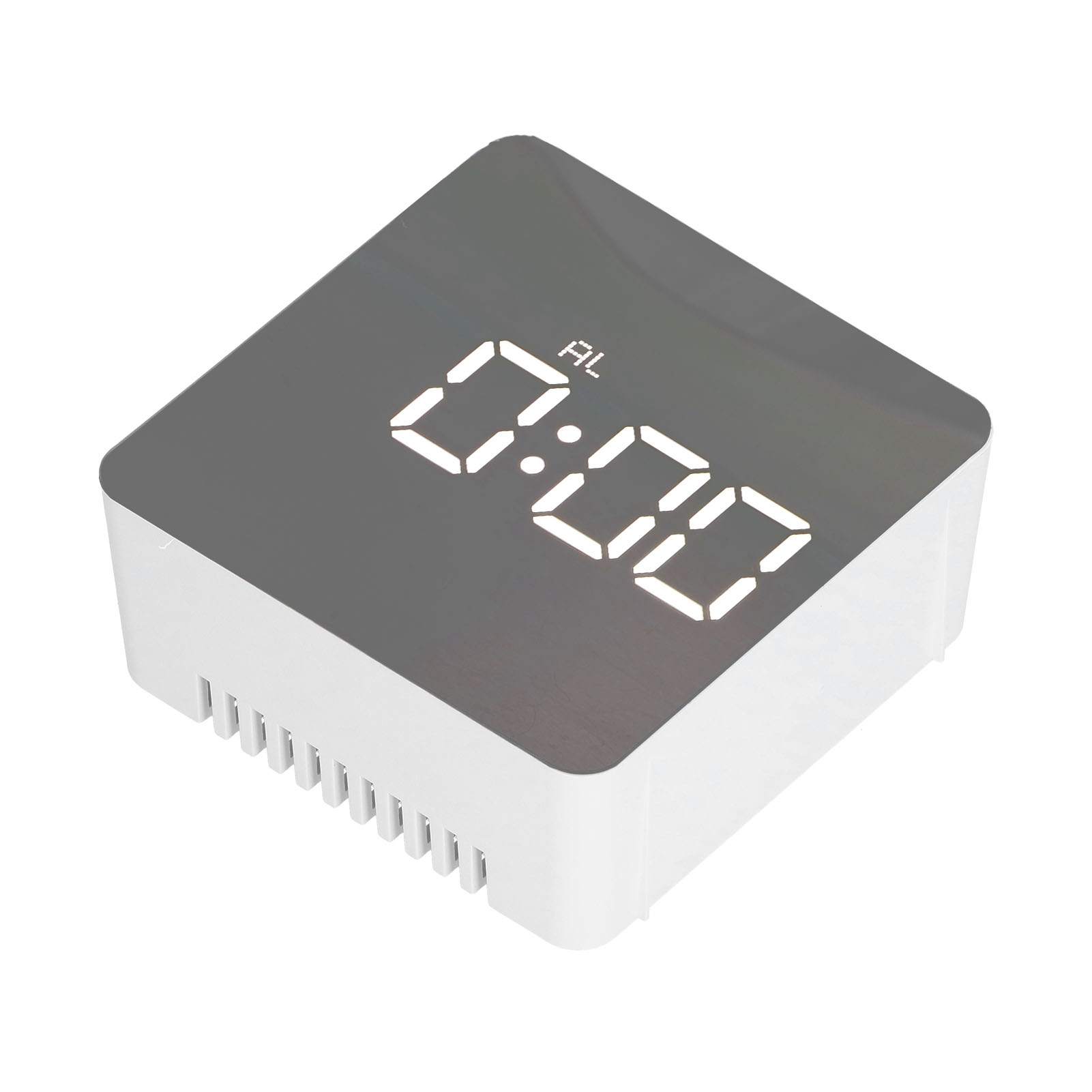 Ein digitaler Wecker, der 0:00 anzeigt. Die Uhr ist weiß mit einem grauen Deckel. Das Wort "AL" ist sichtbar.