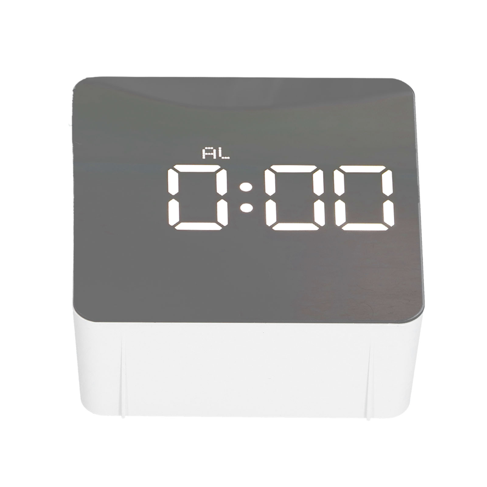 Ein digitaler Wecker in Weiß und Grau, der 0:00 anzeigt. Die Alarmanzeige ist eingeschaltet. Der Hintergrund ist weiß.