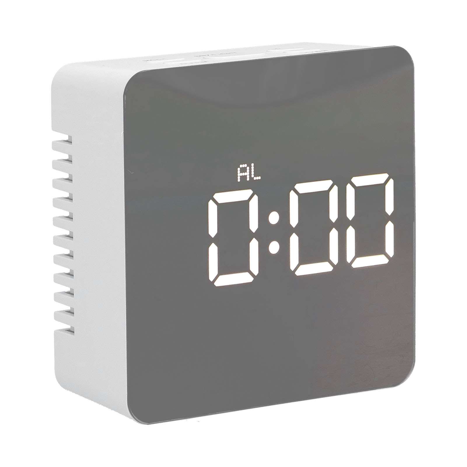 Ein digitaler Wecker zeigt 0:00 in Weiß vor grauem Hintergrund an. Die Uhr ist weiß und rechteckig.