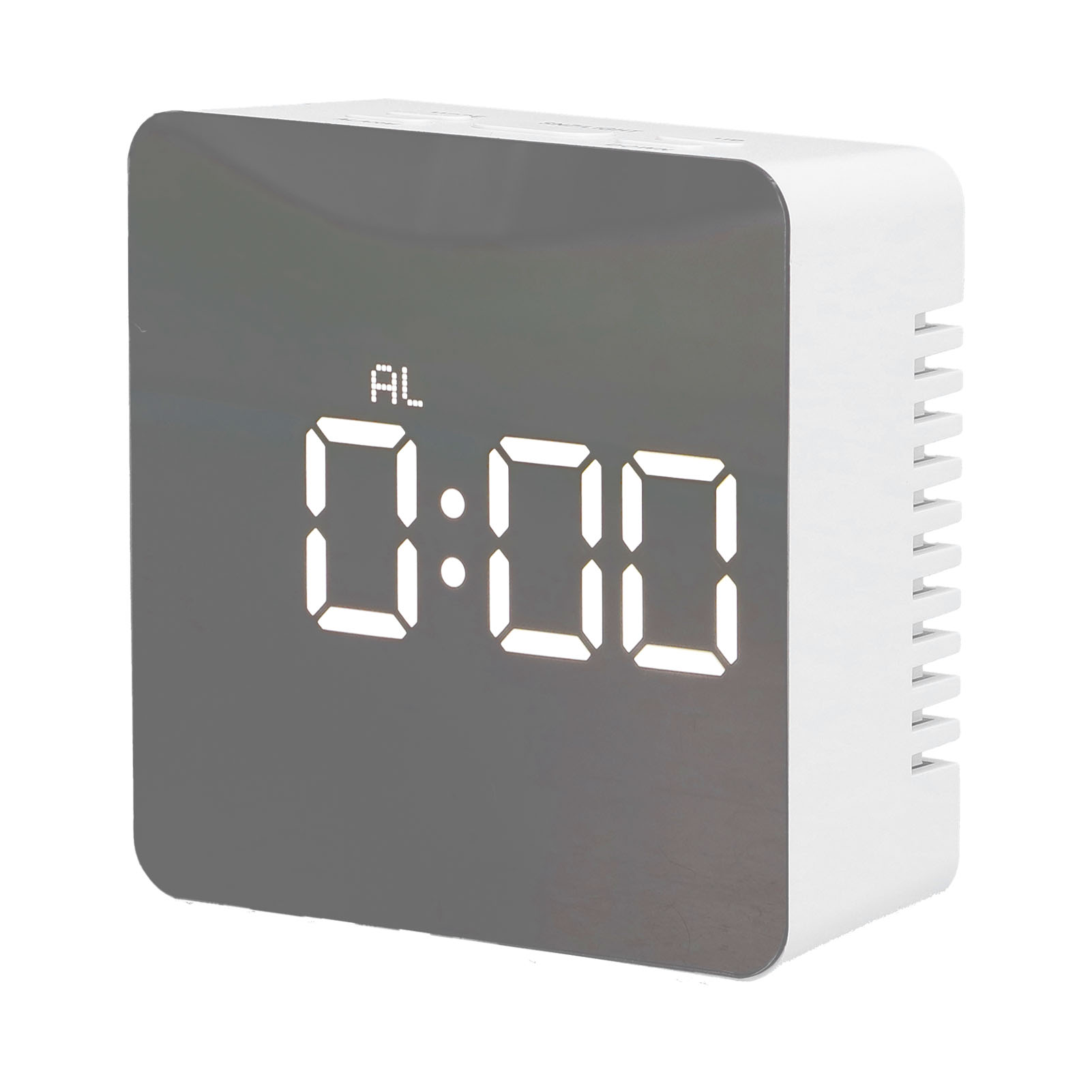 Ein weißer digitaler Wecker mit der Anzeige 0:00. Die Uhr hat eine verspiegelte Oberfläche und ein weißes, rechteckiges Gehäuse.