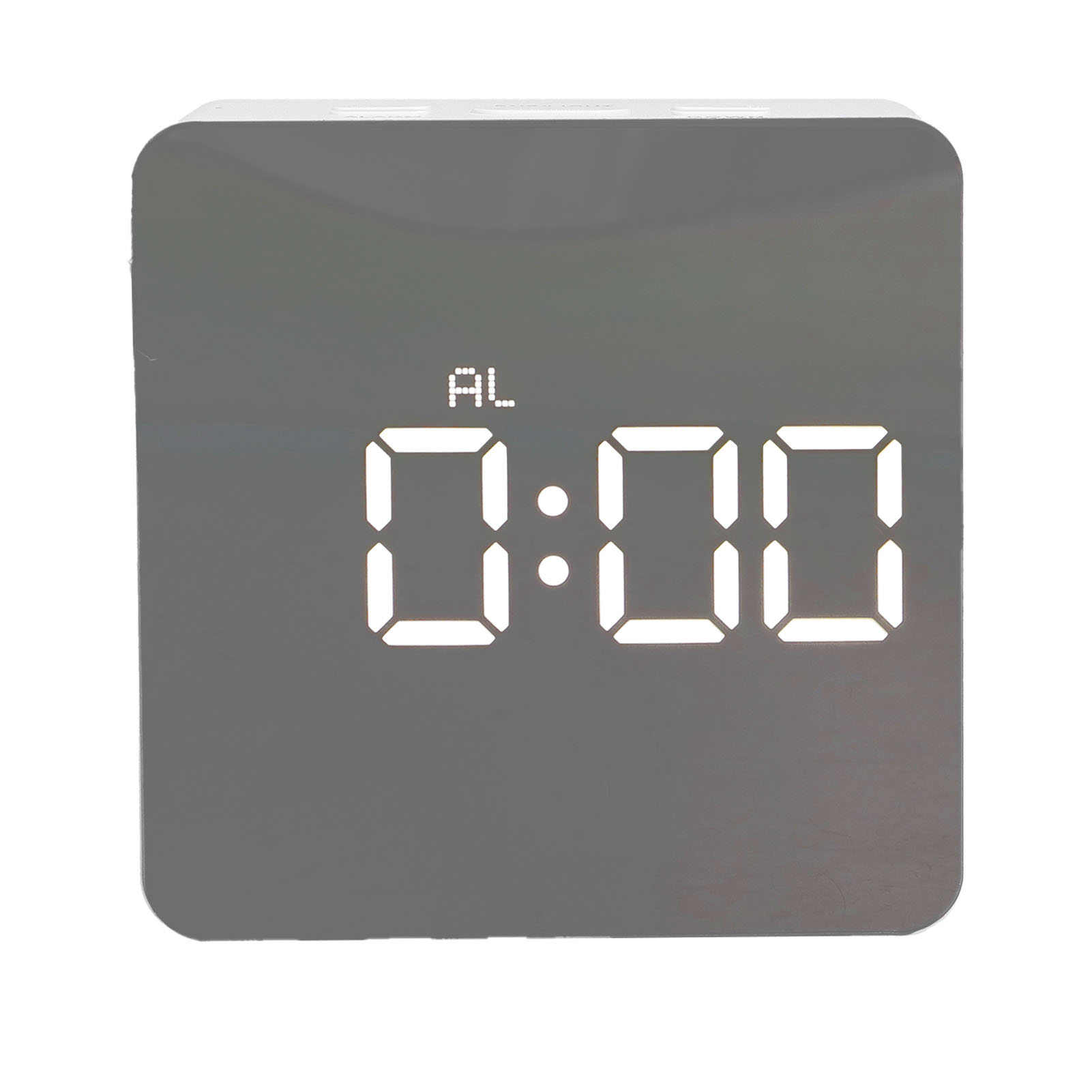 Ein quadratischer digitaler Wecker zeigt 0:00 an. Die Uhr hat ein graues Spiegelfläche mit weißen, leuchtenden Ziffern.