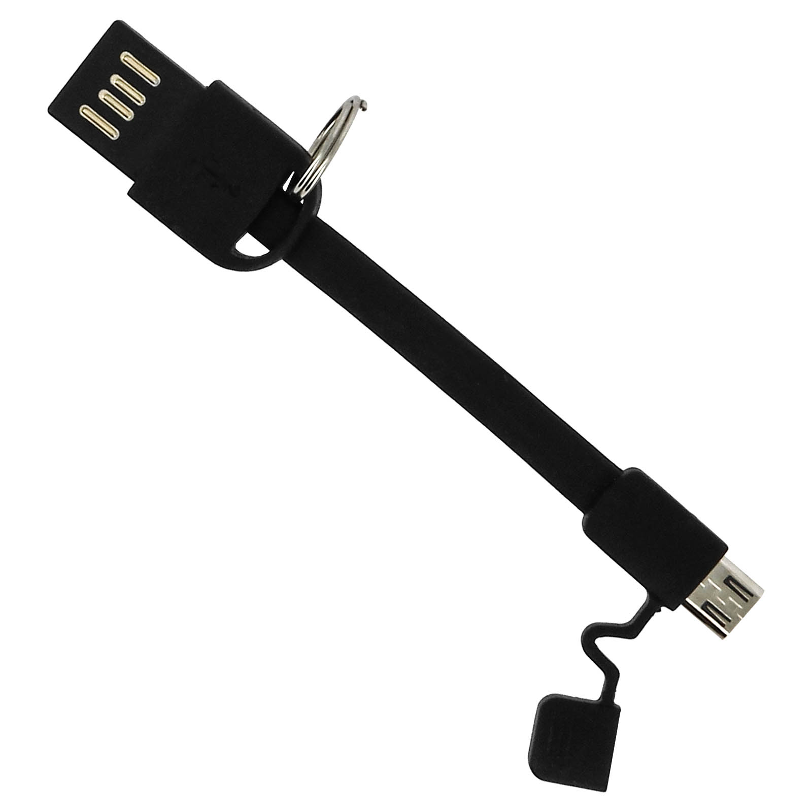 Un cavo di ricarica USB nero con connettore USB-A e micro-USB. Il cavo ha un portachiavi.