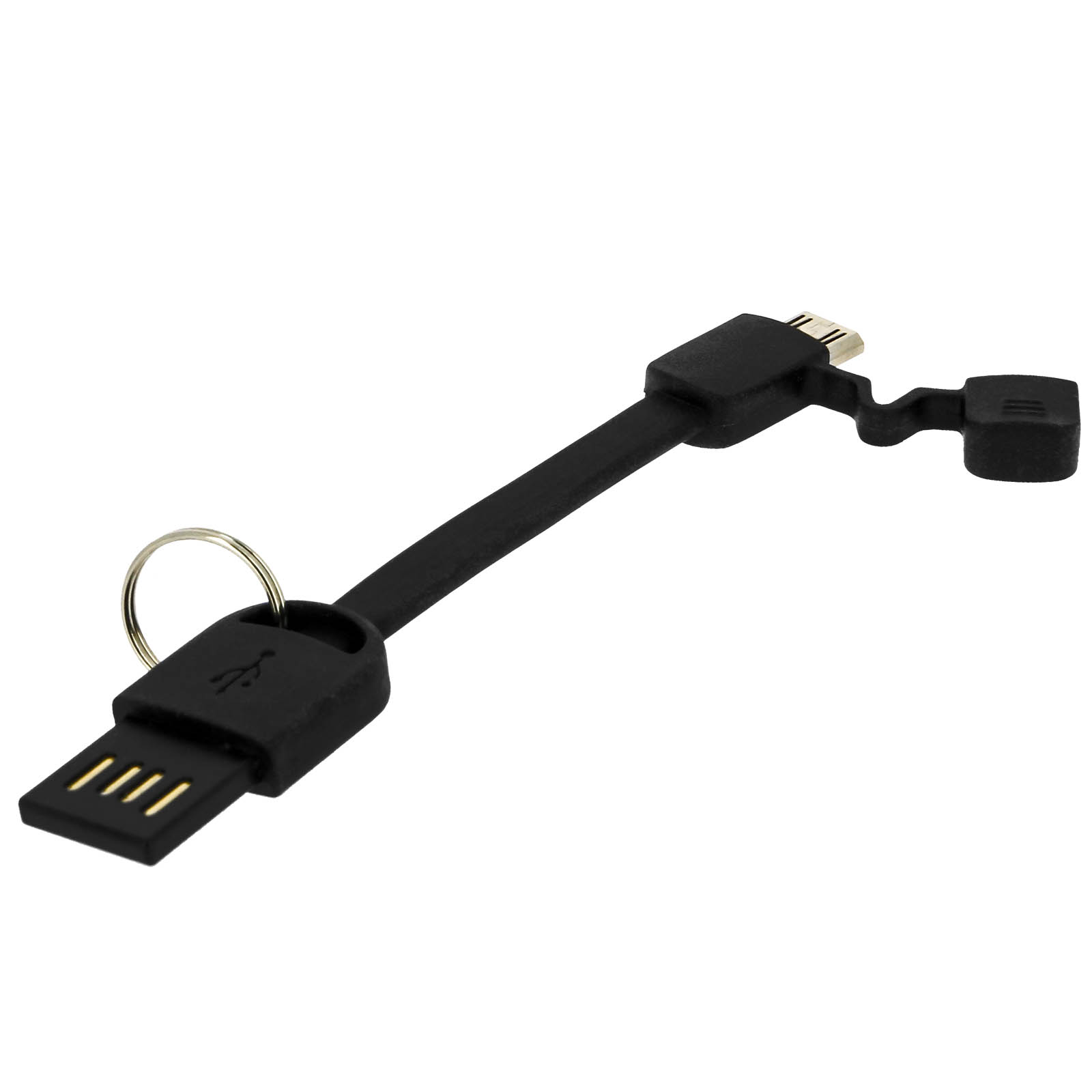 Cavo di ricarica USB nero con portachiavi, connettori USB-A e micro-USB, isolato su sfondo bianco.