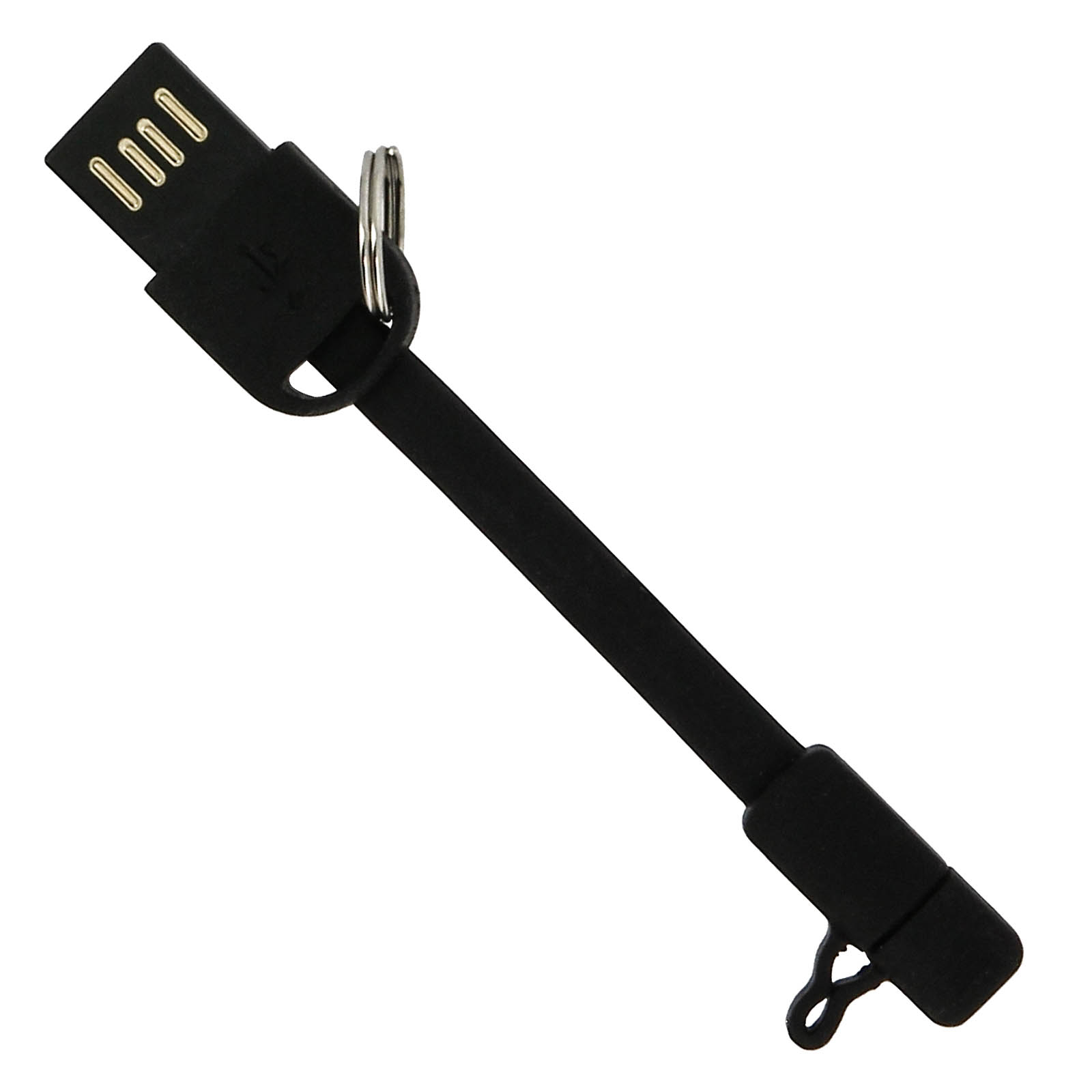 Un cavo caricatore USB nero con un portachiavi argentato. Il cavo è angolato, con sfondo bianco.