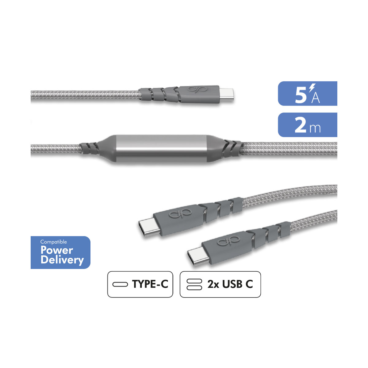 Cavo USB-C argentato con connettori grigi. Caratteristiche: 5A, 2m, Power Delivery, Type-C e icone 2x USB C.