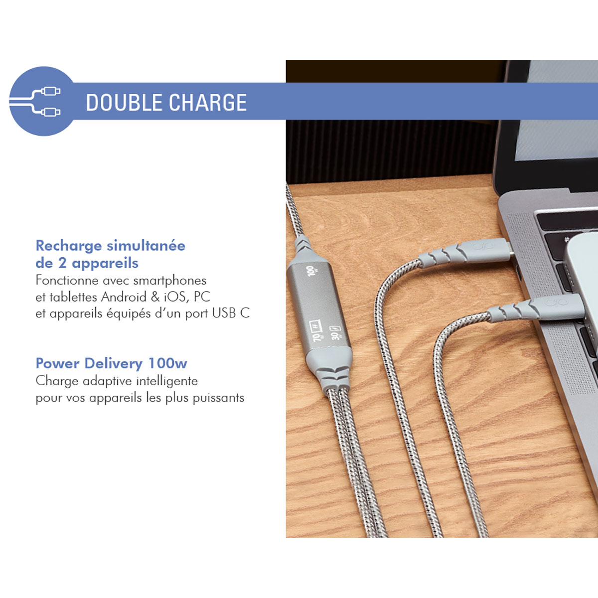Un cavo di ricarica grigio è collegato a un laptop. Il testo dice 'Double Charge', 'Power Delivery 100w'. Il cavo è collegato al laptop.