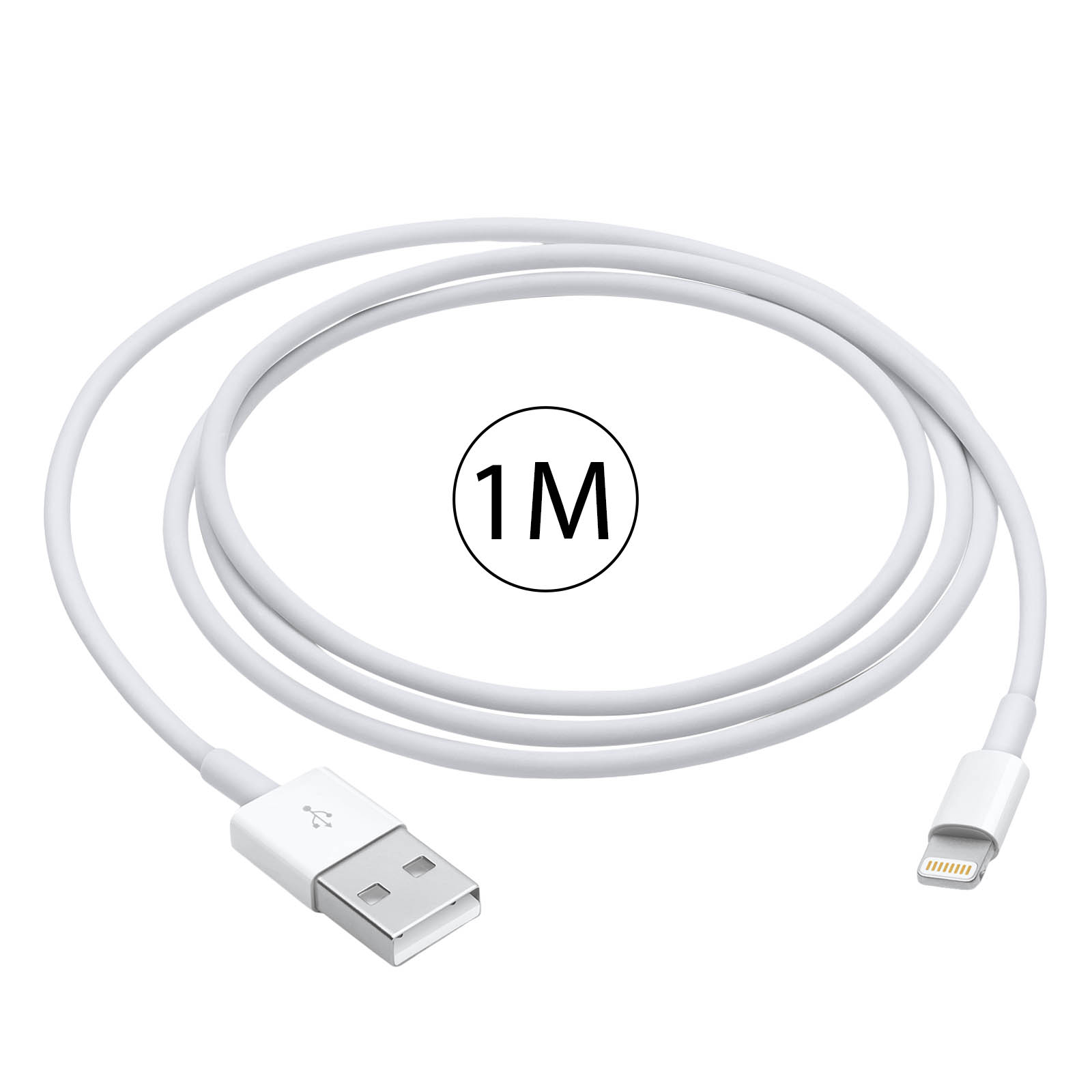 Un câble de chargement blanc de 1M. Il a un connecteur USB à une extrémité et un connecteur Lightning à l'autre.