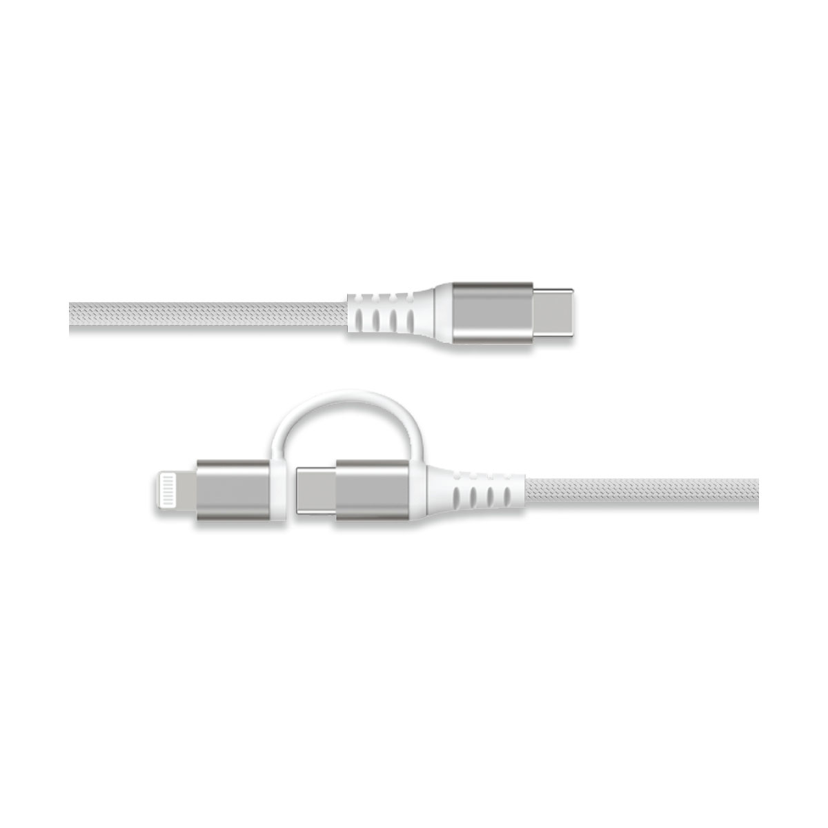 Due cavi di ricarica bianchi con connettori argentati, tra cui USB-C, Lightning e USB-C. Isolati su sfondo bianco.