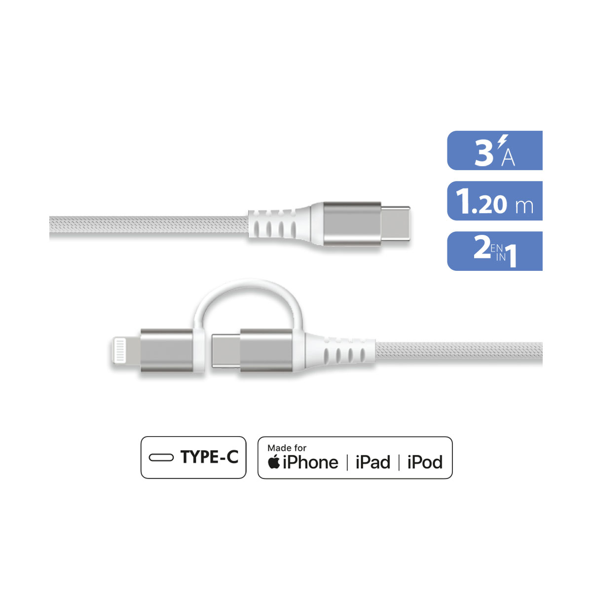 Cavo di ricarica bianco per iPhone, iPad e iPod. Ha un connettore USB-C e Lightning. Include specifiche: 3A, 1,20 m e 2 in 1.