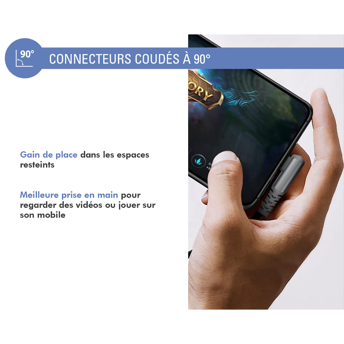 Una mano tiene un telefono con connettore angolato a 90 gradi. Il testo evidenzia risparmio di spazio e presa migliore.