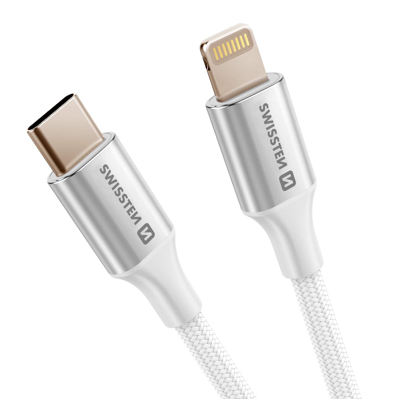 Zwei Ladekabel mit metallischen Steckern und weißen geflochtenen Kabeln. Eines ist USB-C, das andere Lightning, beide mit 'SWISSTEM'-Logo.